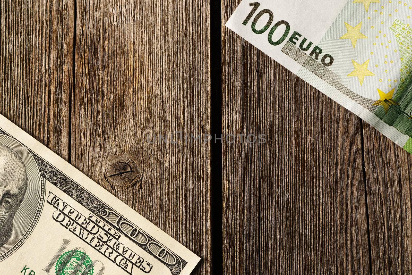 US and euro currency over wooden background