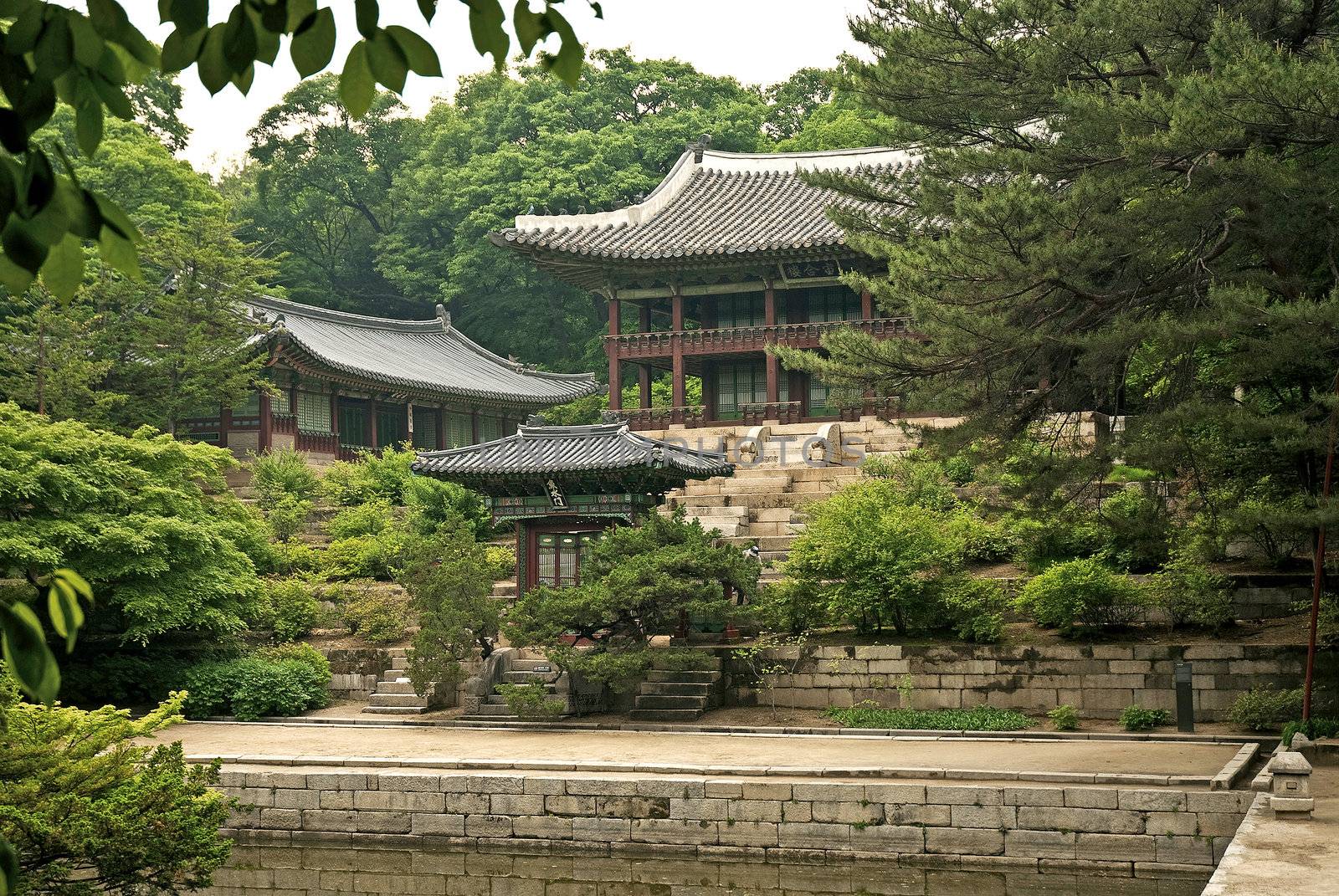 temple by lake and forest in seoul south korea