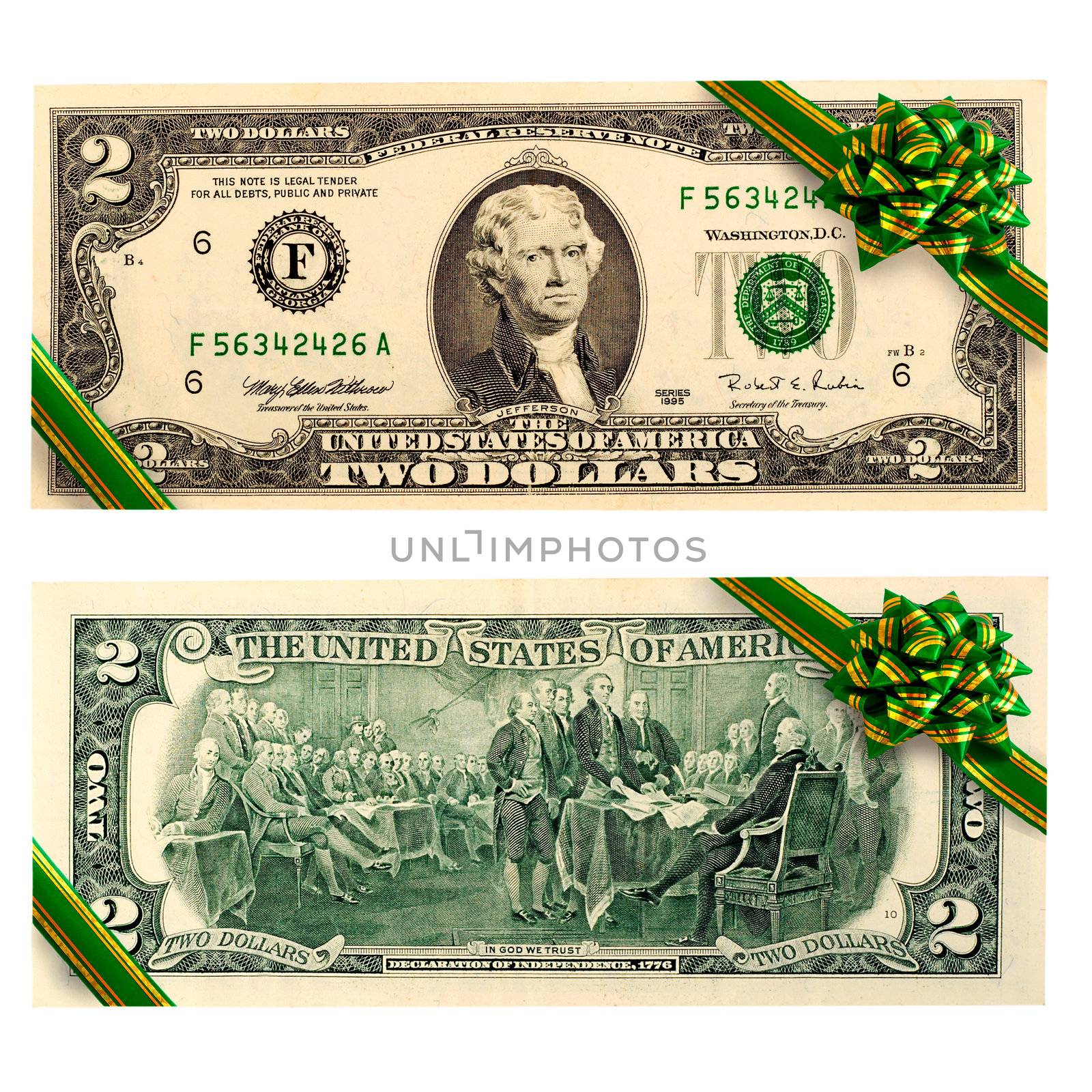 two dollar money gift isolated on white background.