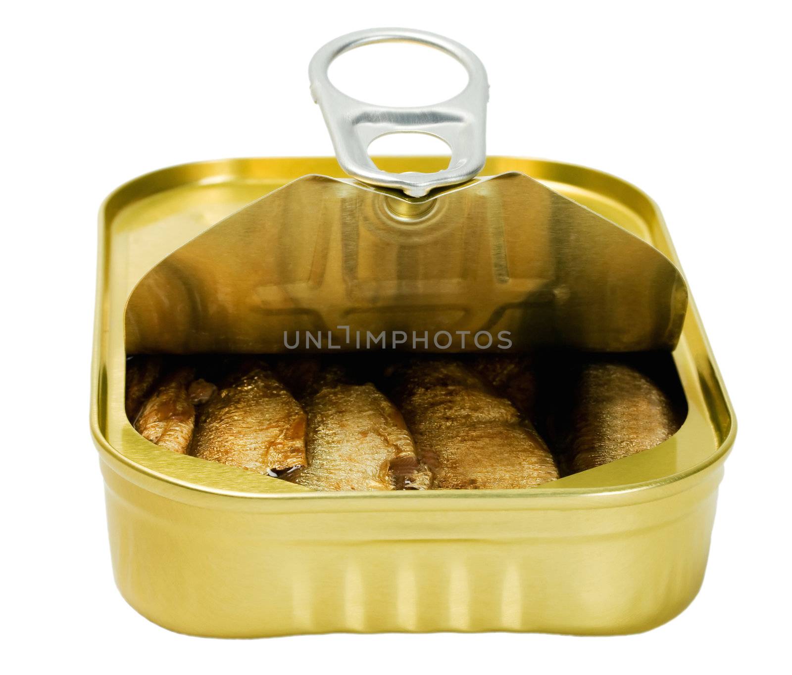 Canned fish in oil isolated on white background.