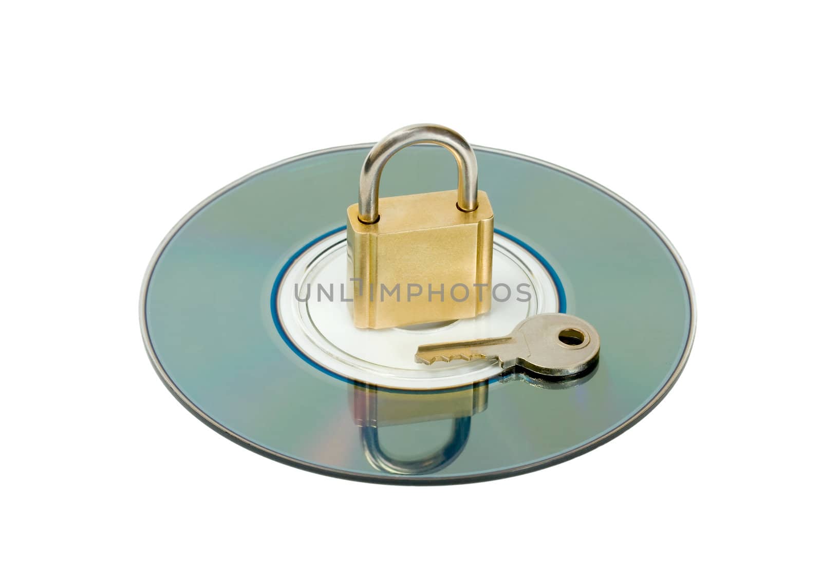 padlock key in CD disc object isolated on white background