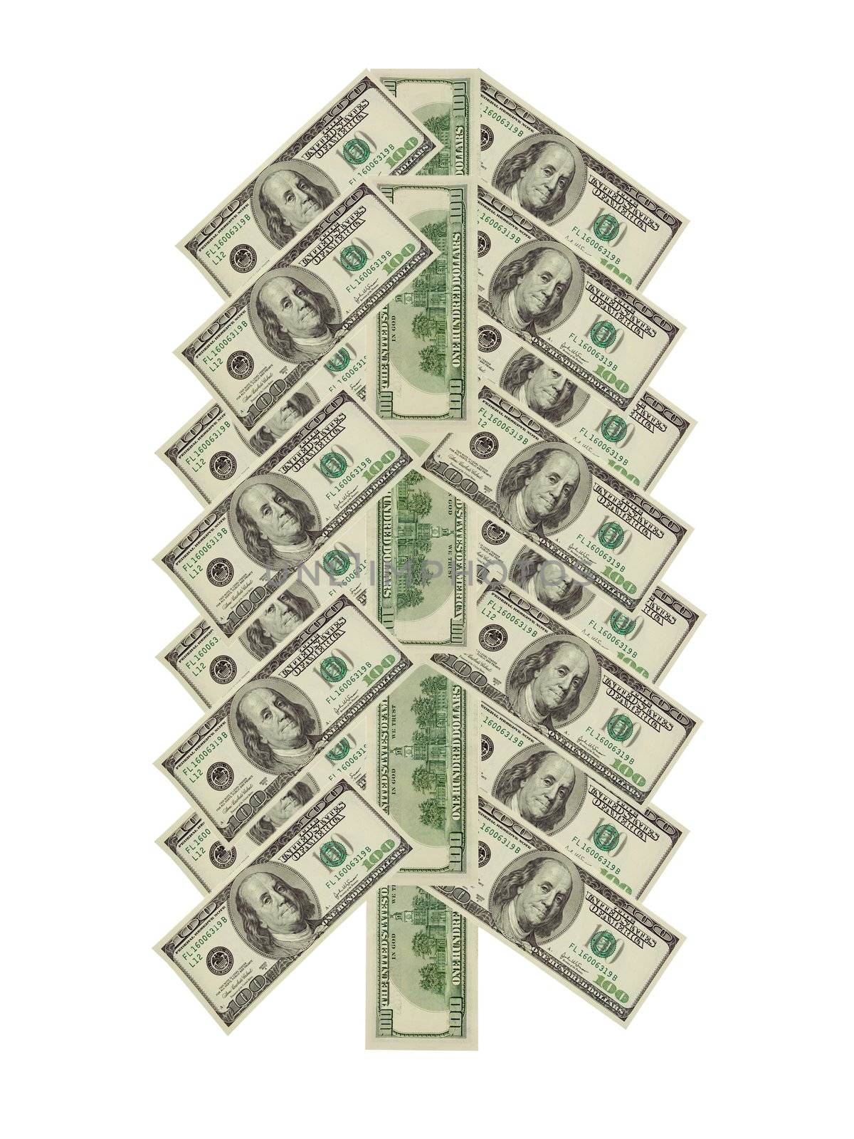 money christmas tree from usa dollars isolated on white background