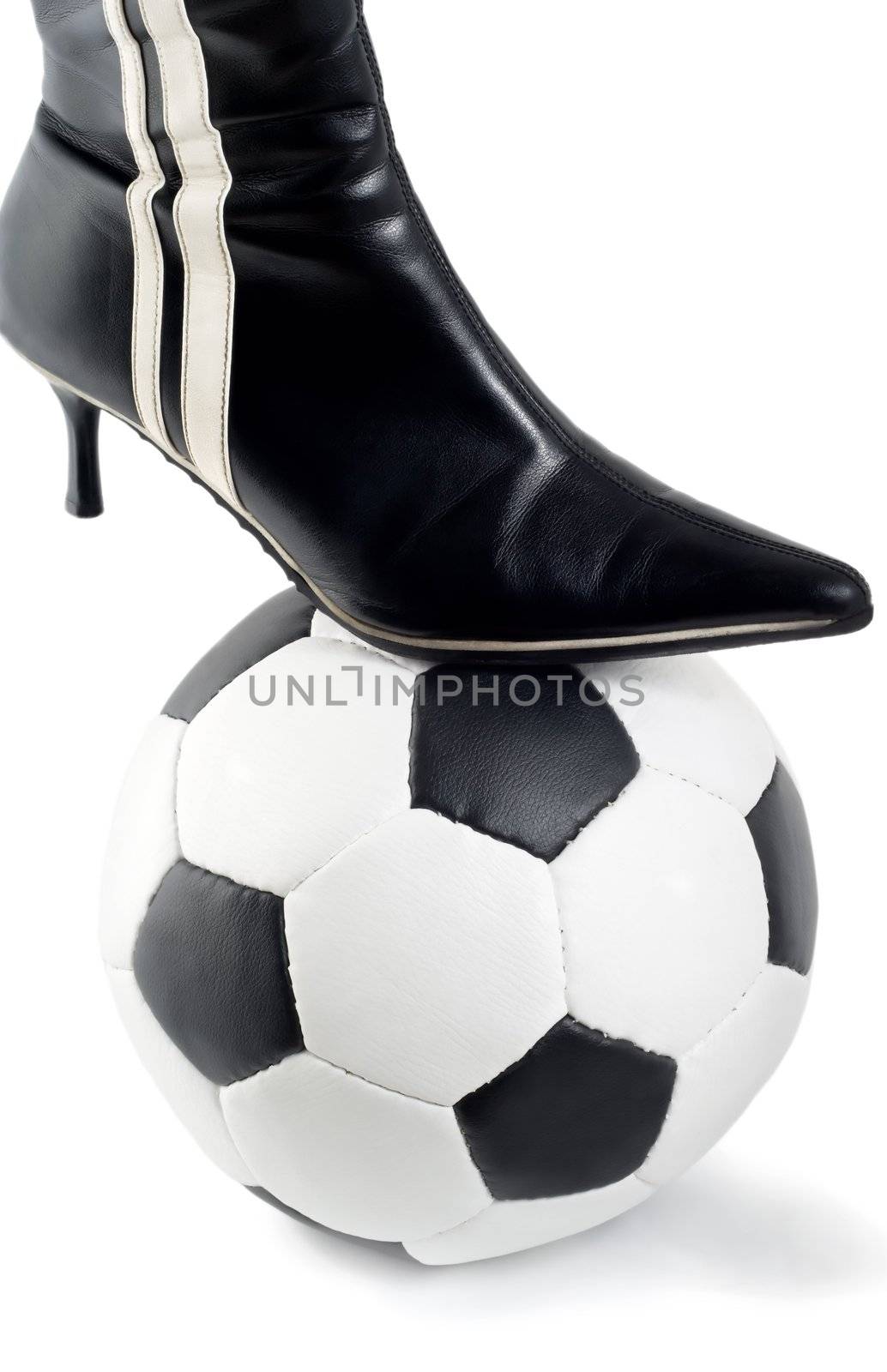 women shoe with soccer ball , close-up isolated on white background