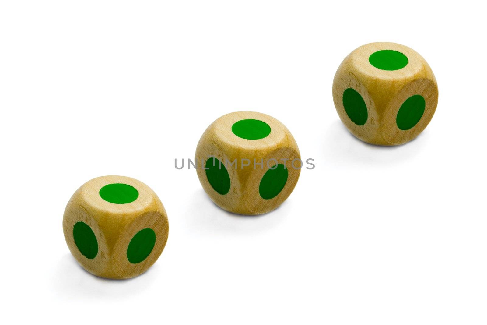 Three-dimensional wooden Game dice , isolated on white background