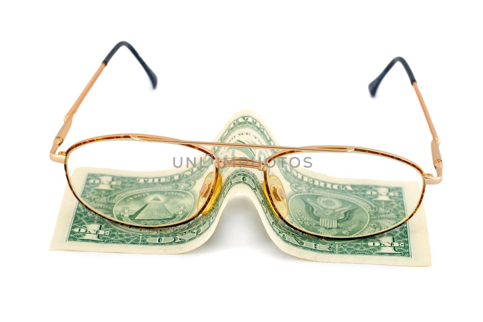 spectacles dollar success pension close-up isolated on white background