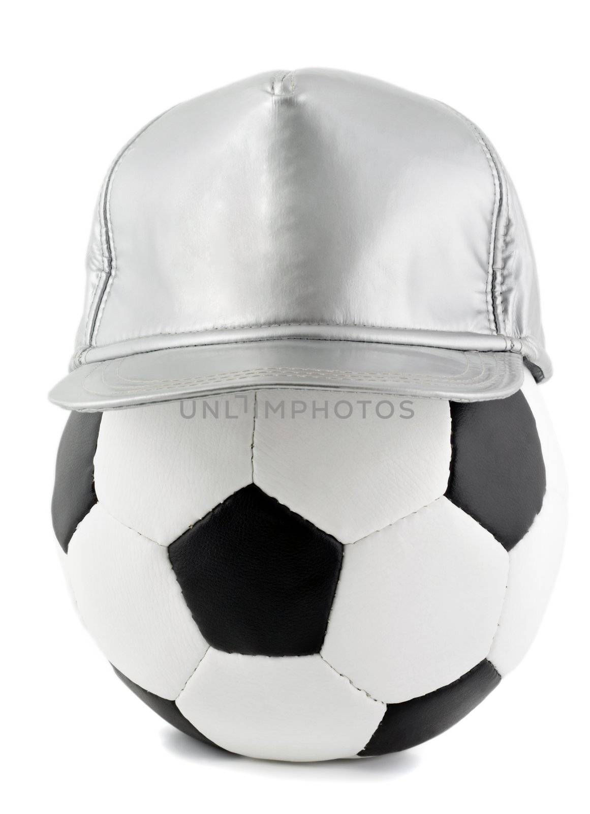 soccer ball and baseball cap isolated on the white background