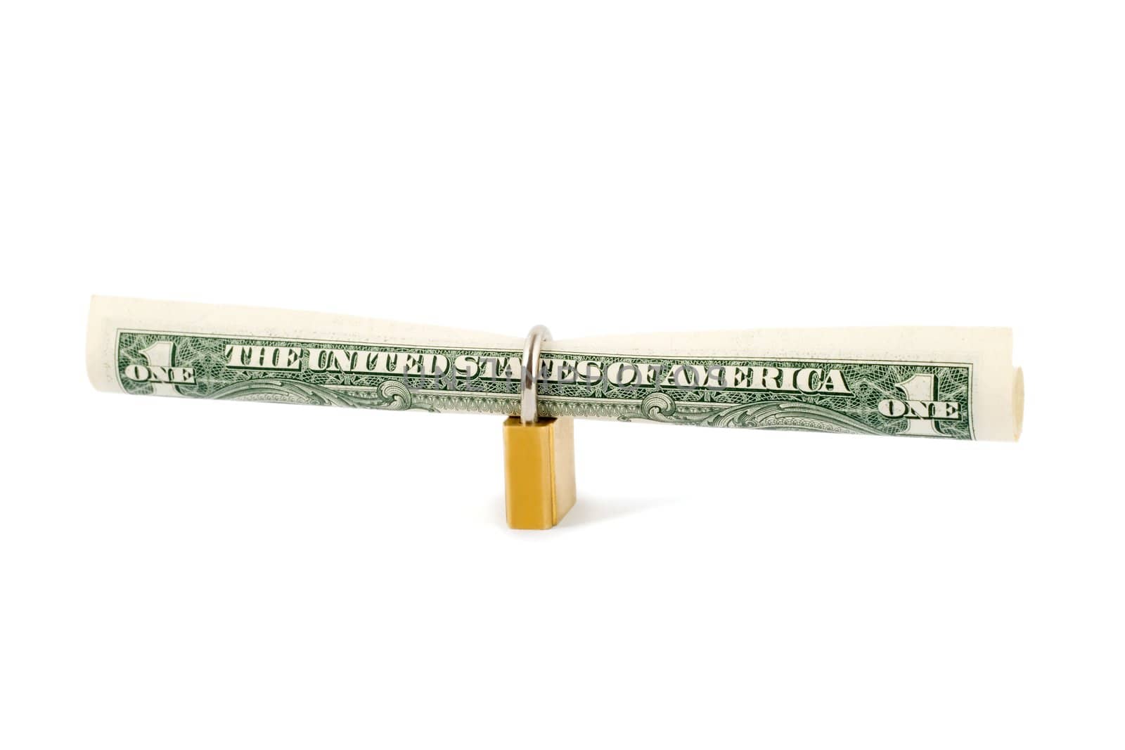 protection dollar in golden lock close-up isolated on white background
