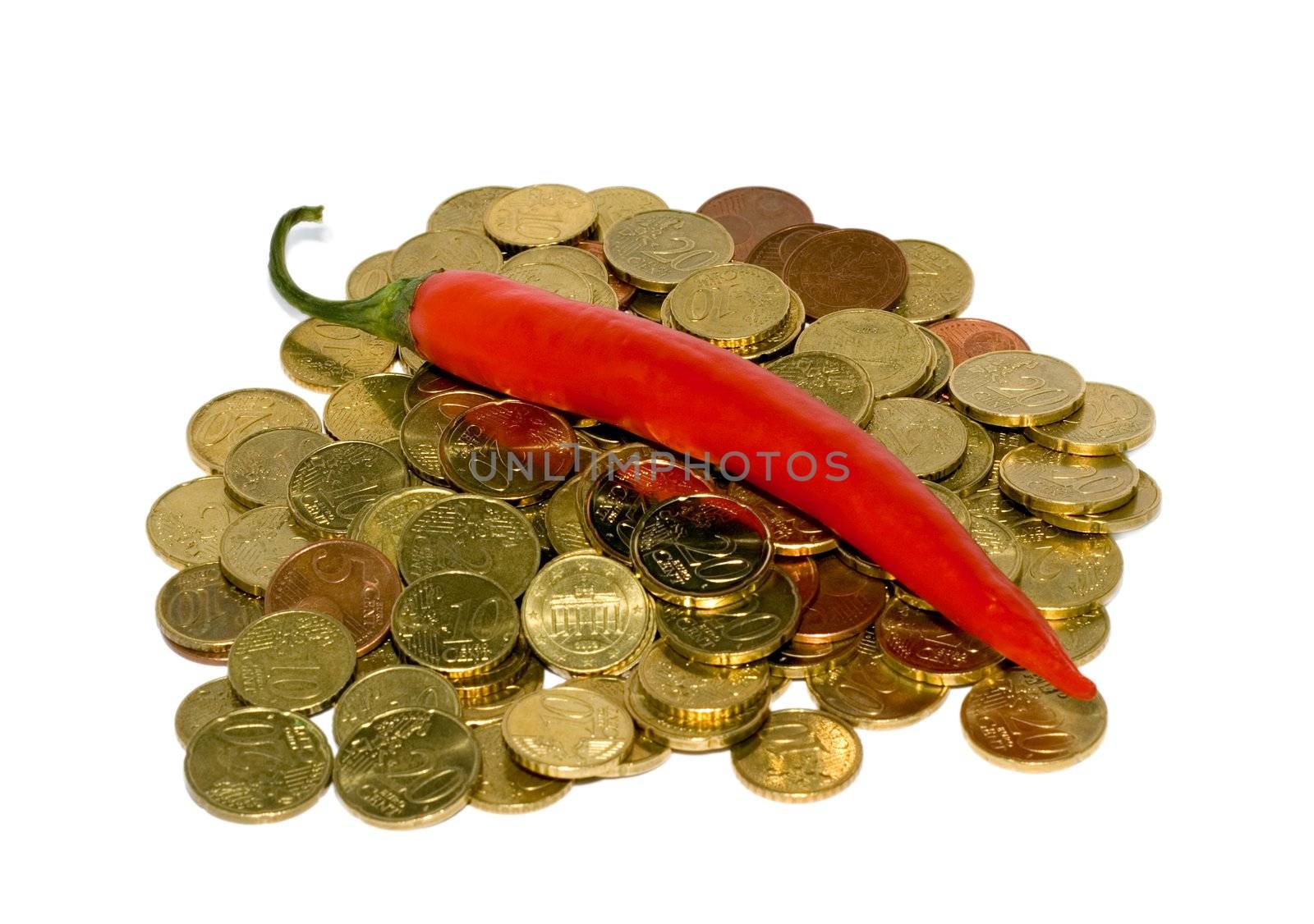 Pepper Chile in Euro coins over white