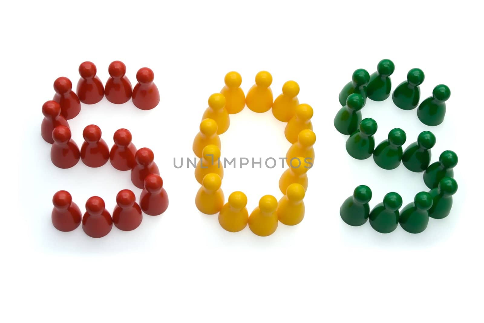 Pawns and forming the word SOS isolated on a white background