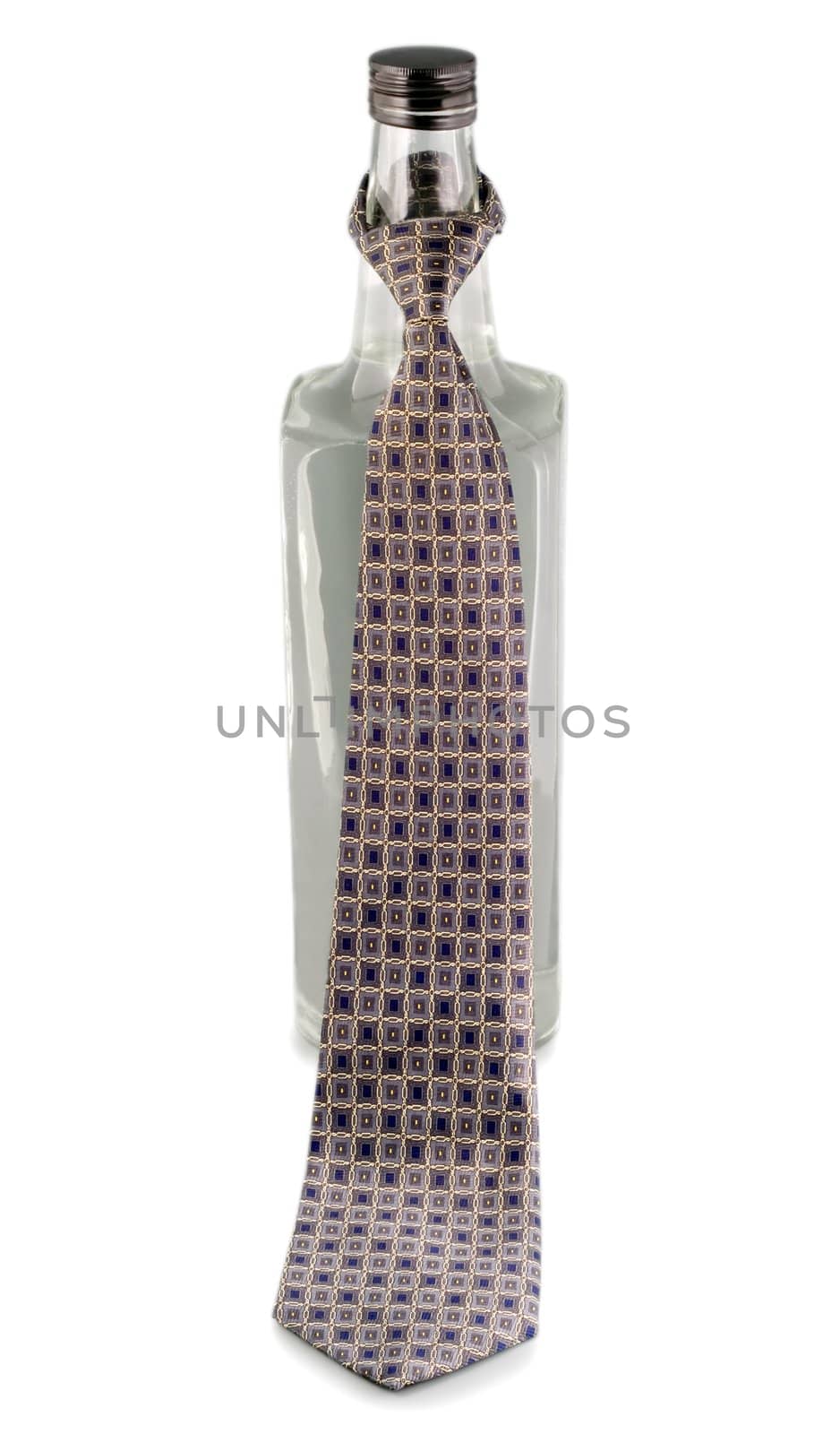 necktie in bottle vodka isolated on white background