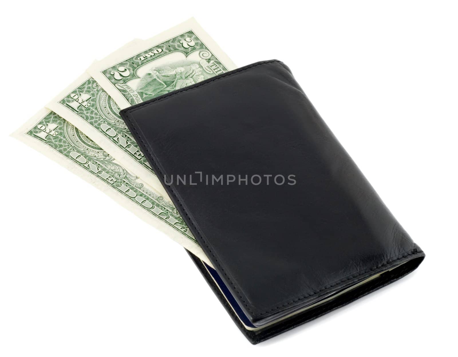 money in black wallet isolated on white background