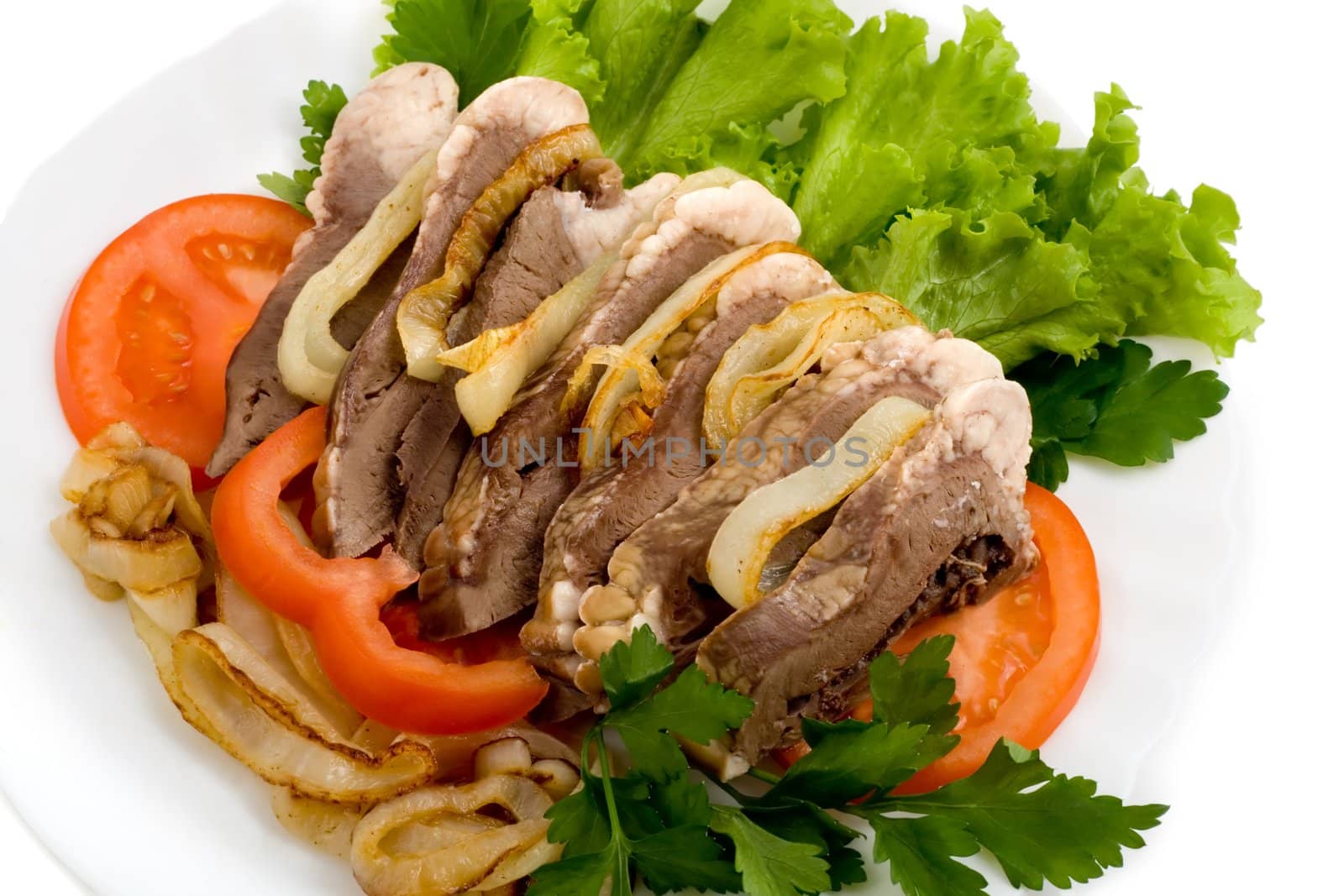 meat salad , close-up isolated on white background