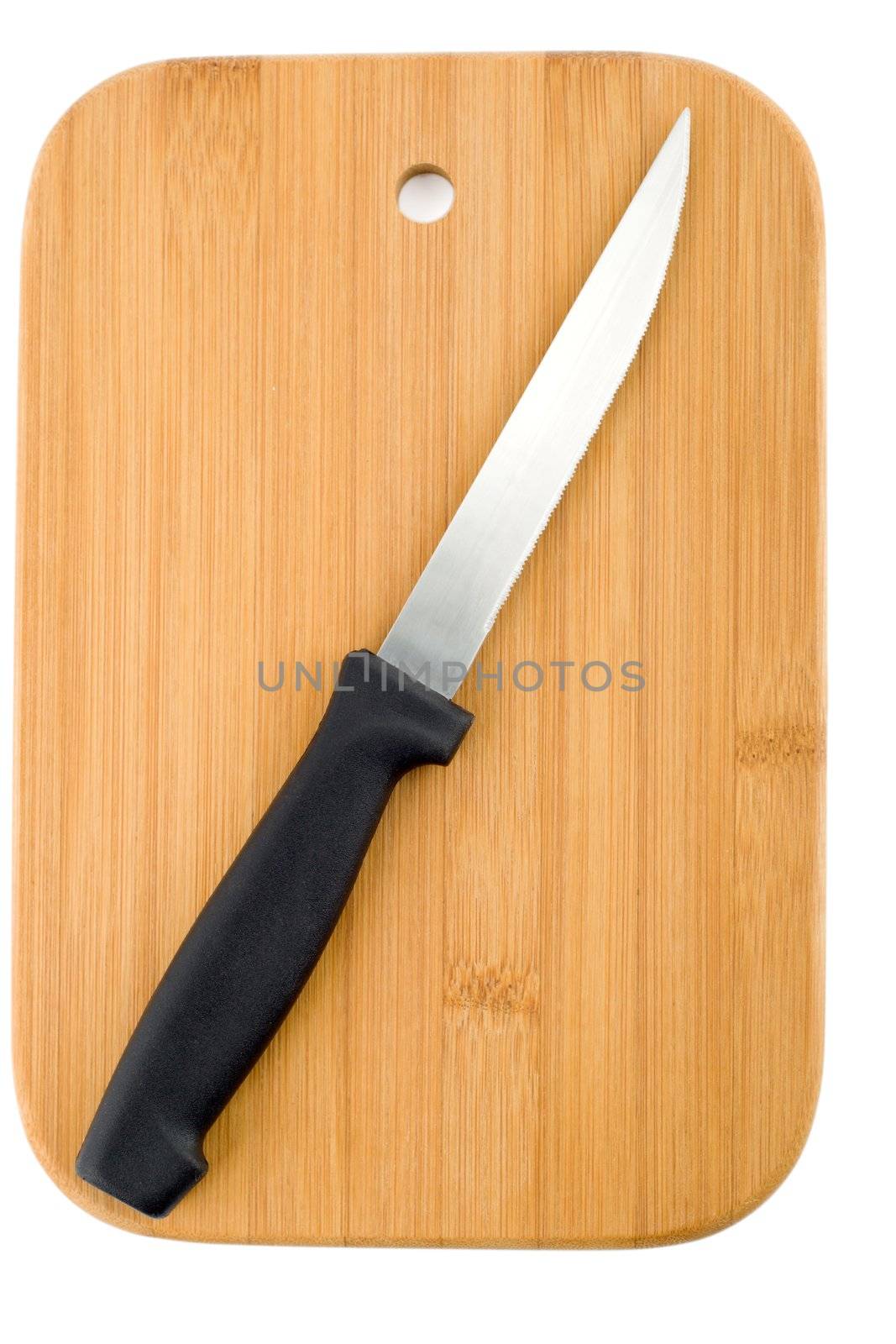 kitchen knife on the chopping board isolated on white background