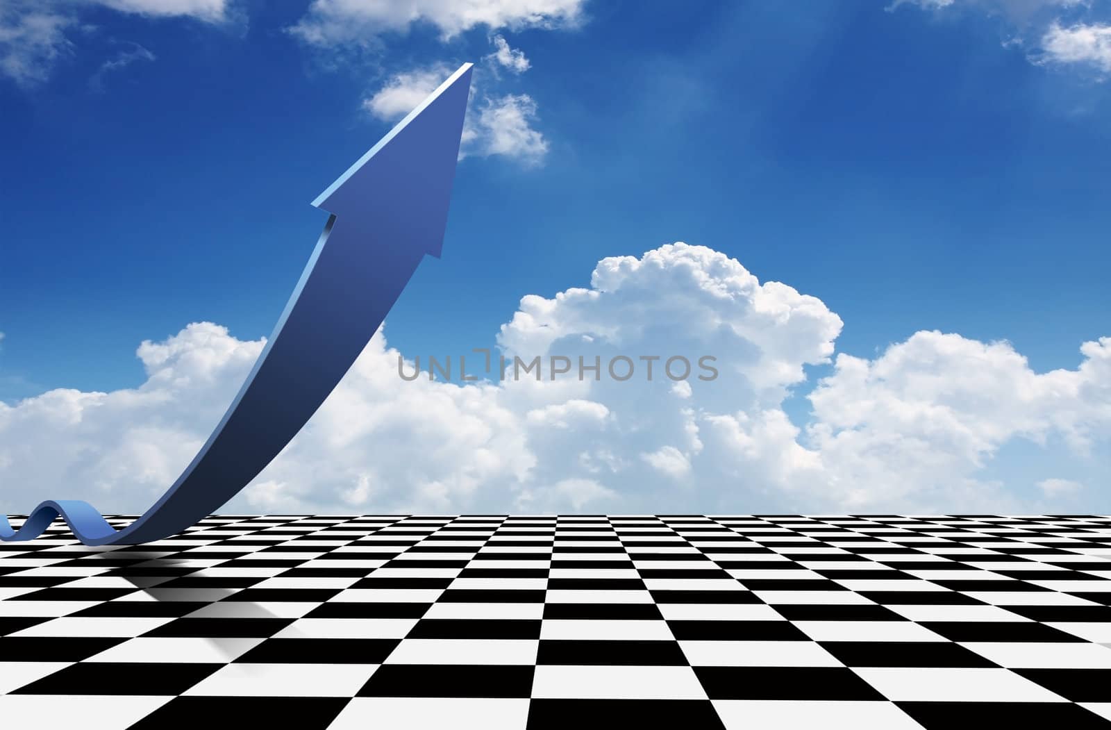 Chessboard floor and  an arrow with blue sky and clouds in the background