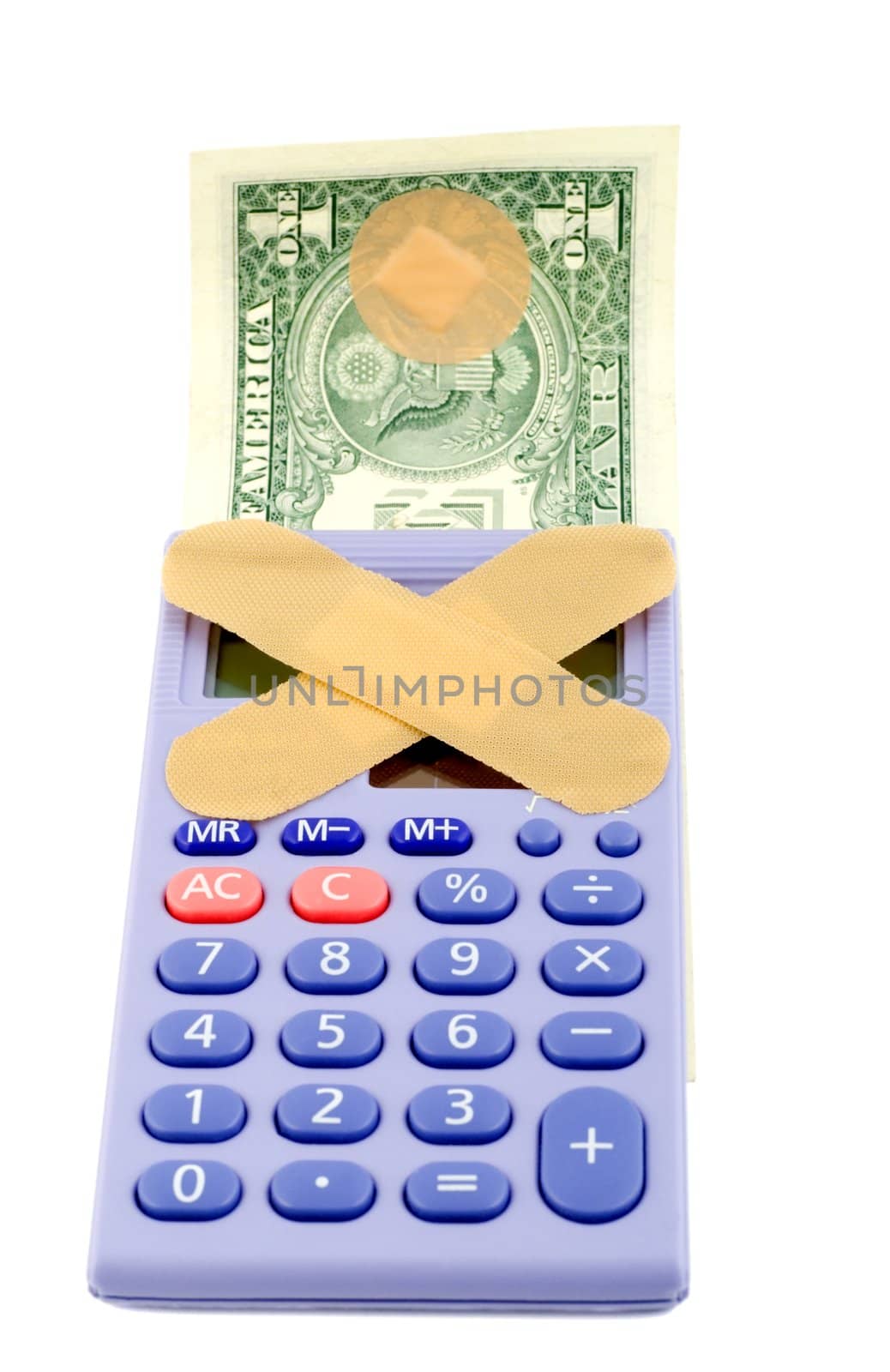 Financial crisis concepts , band-aid calculator dollars . isolated on white background