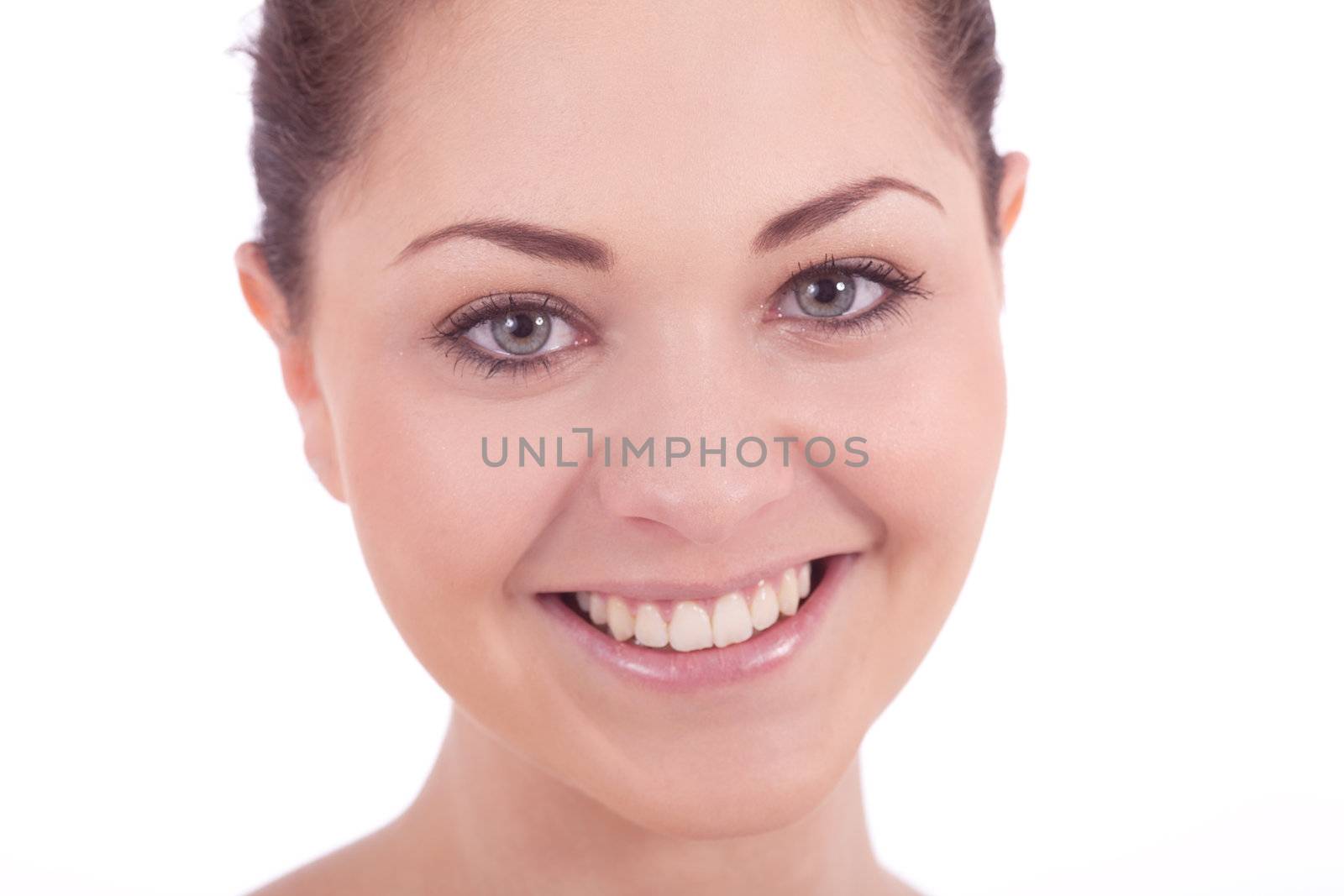 beautiful young smiling woman with healthy skin isolated on white background