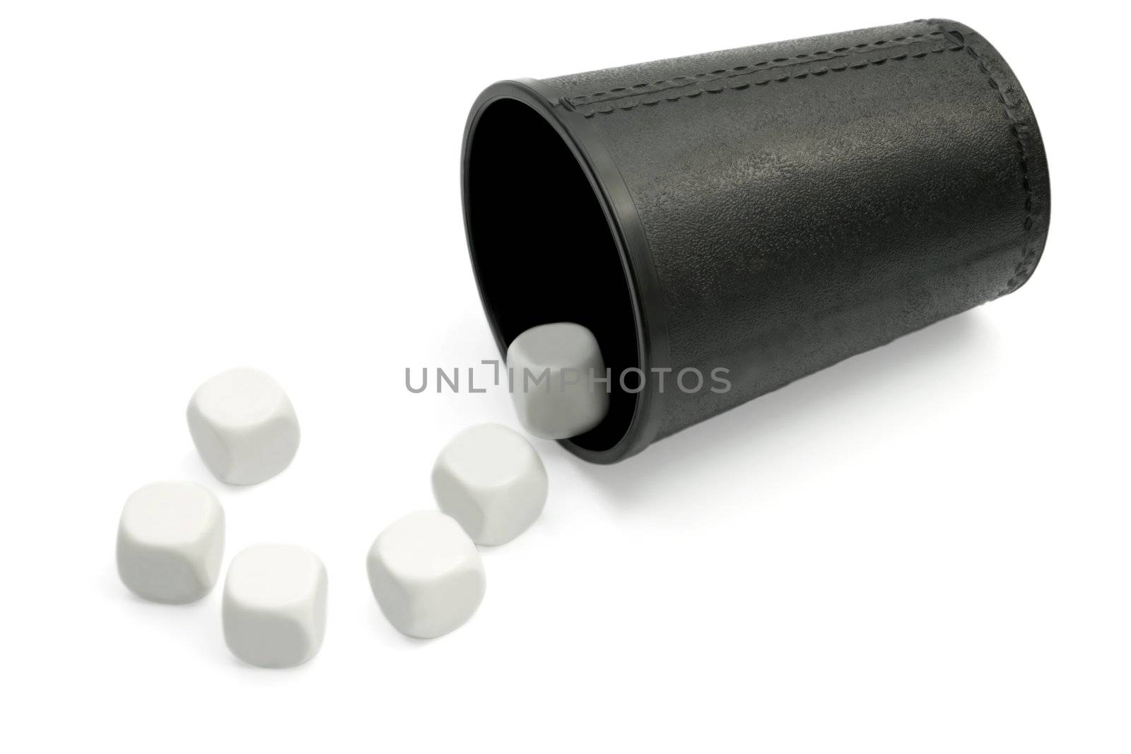 Playing Dice in shape of a question mark and glass, isolated on white background