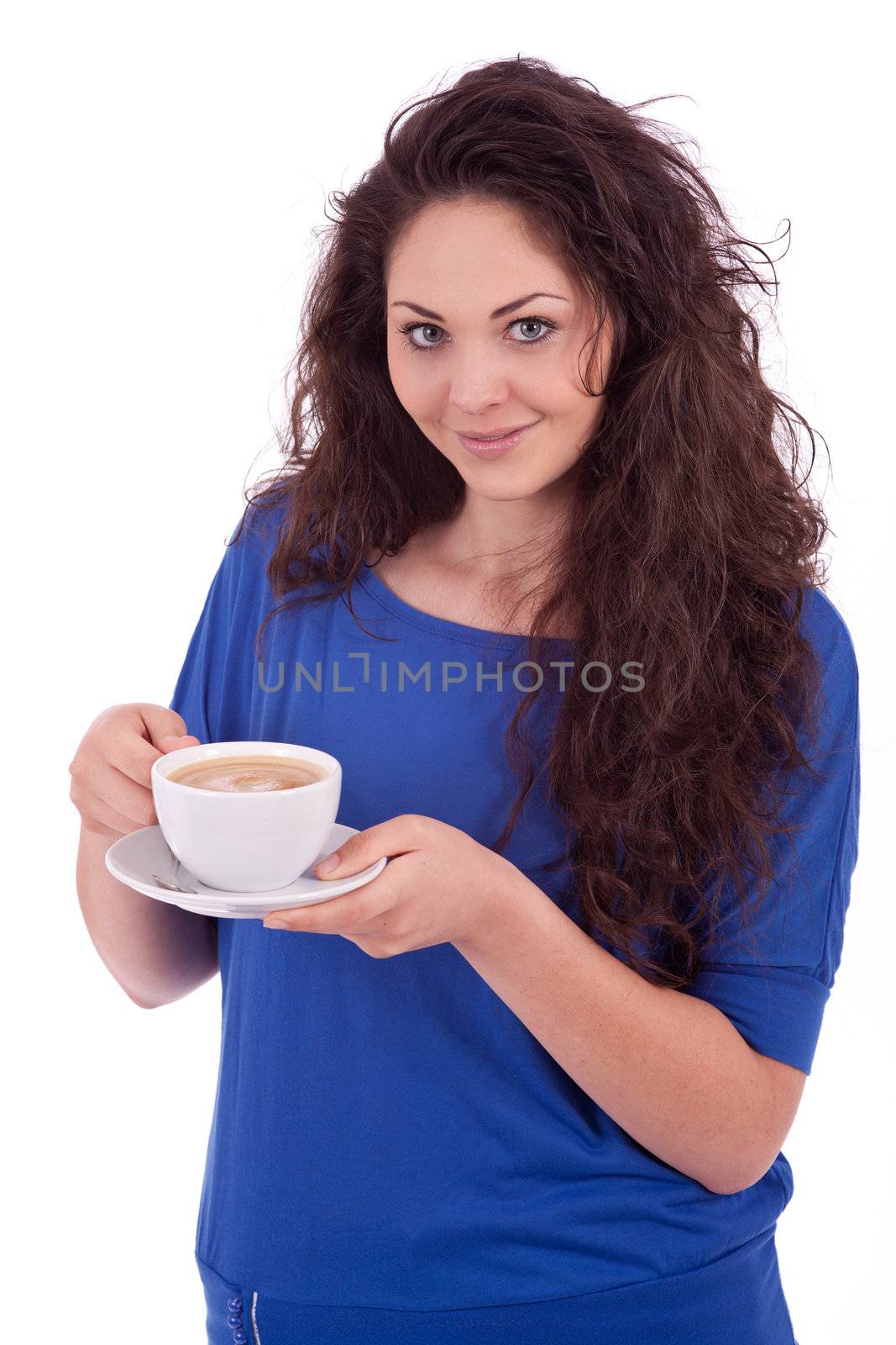 beautiful young woman with cup of coffee isolated on white