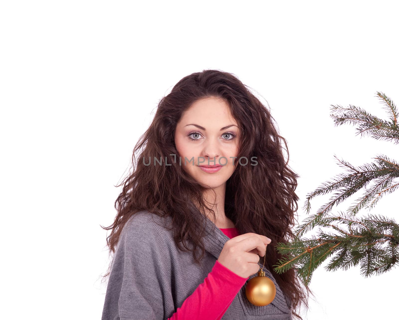 beautiful brunette woman is decorating a christmas tree  by juniart