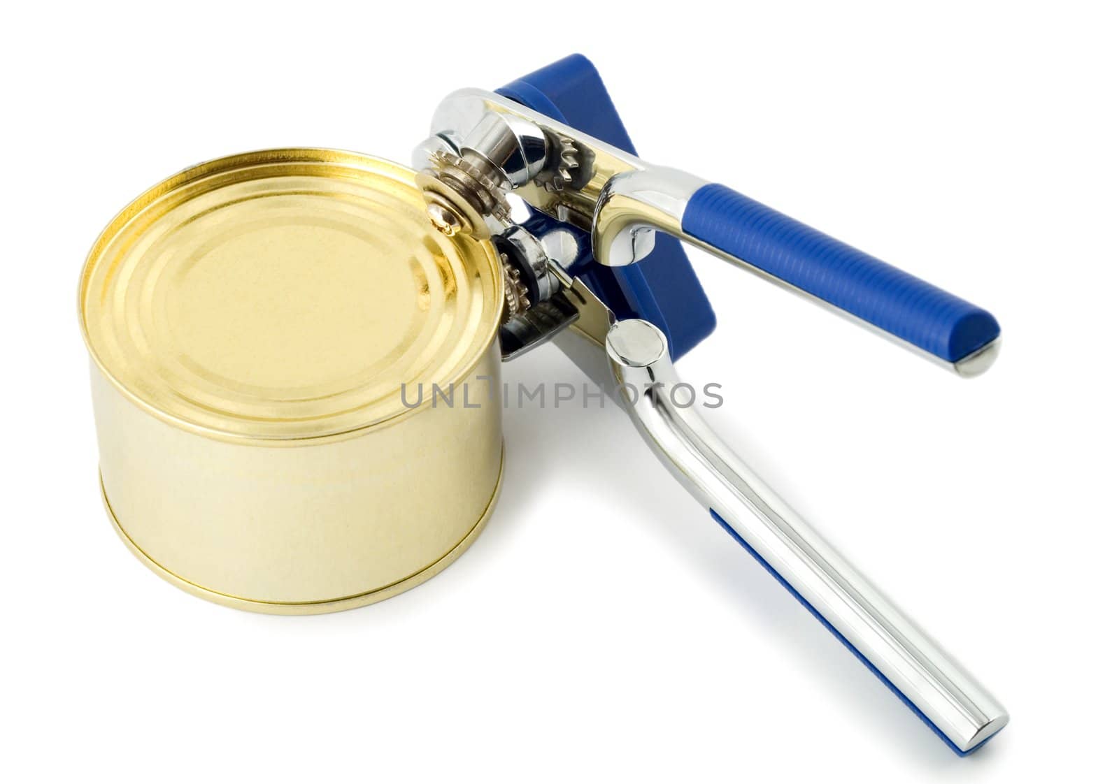can opener opens tin can, isolated on white.