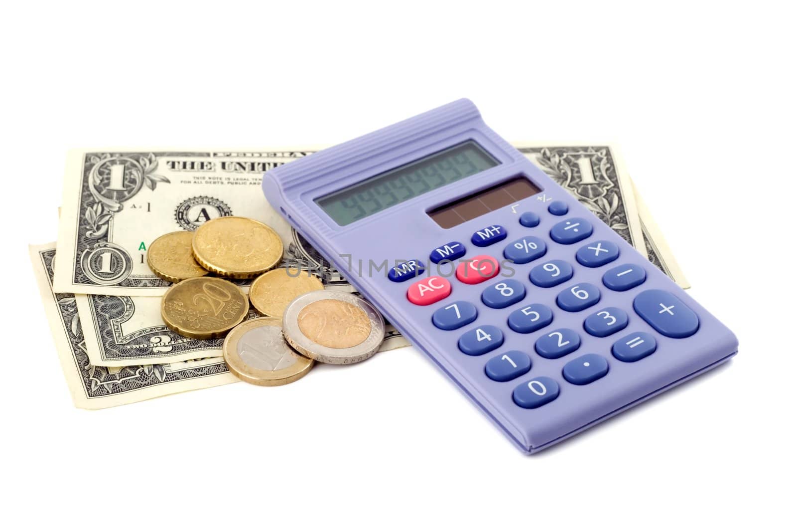 business calculator in stack money isolated on white background