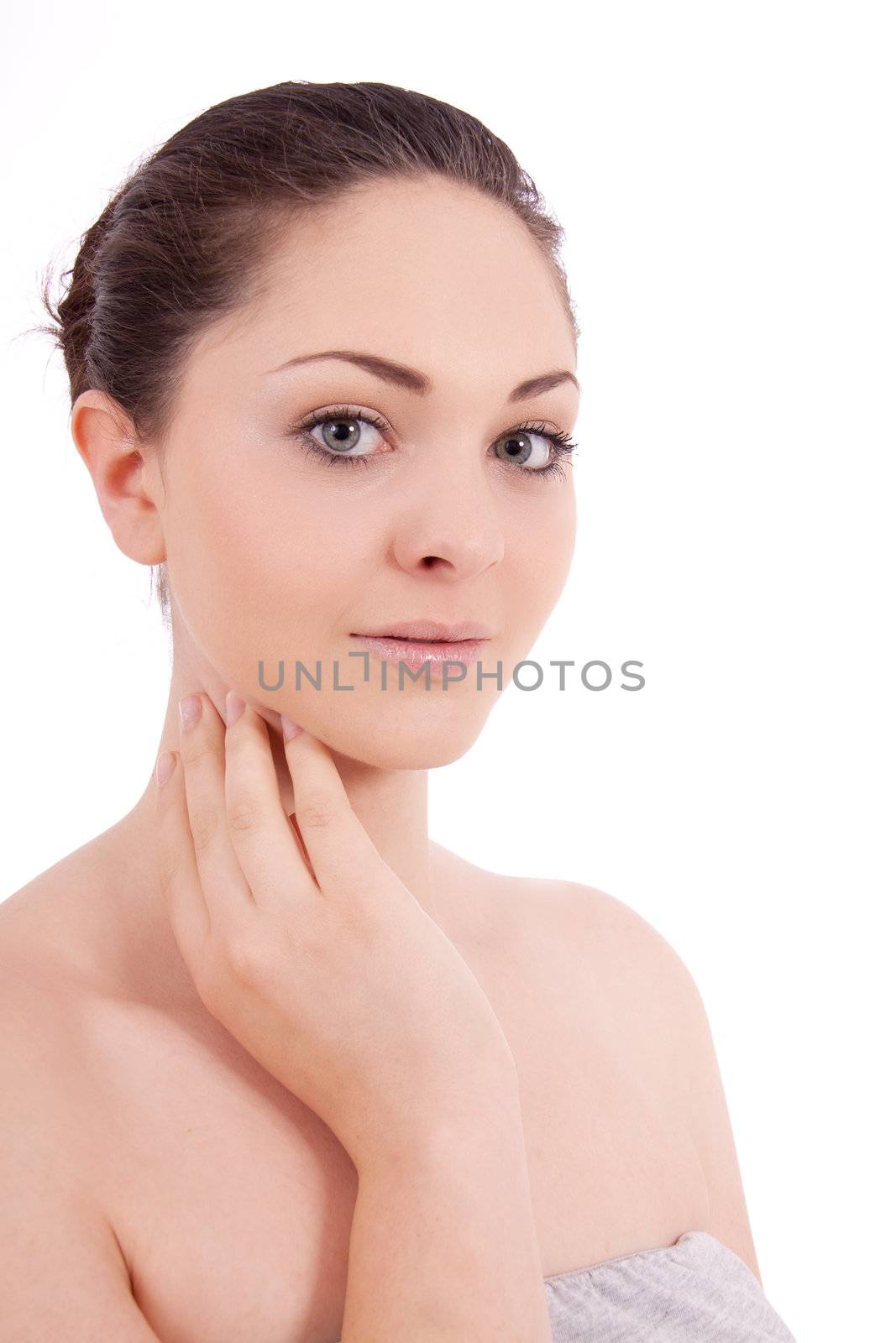 beautiful young smiling woman with healthy skin isolated on white background