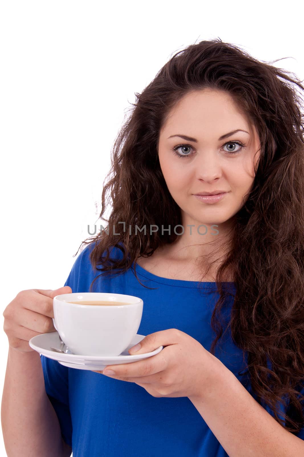 beautiful young woman with cup of coffee isolated on white