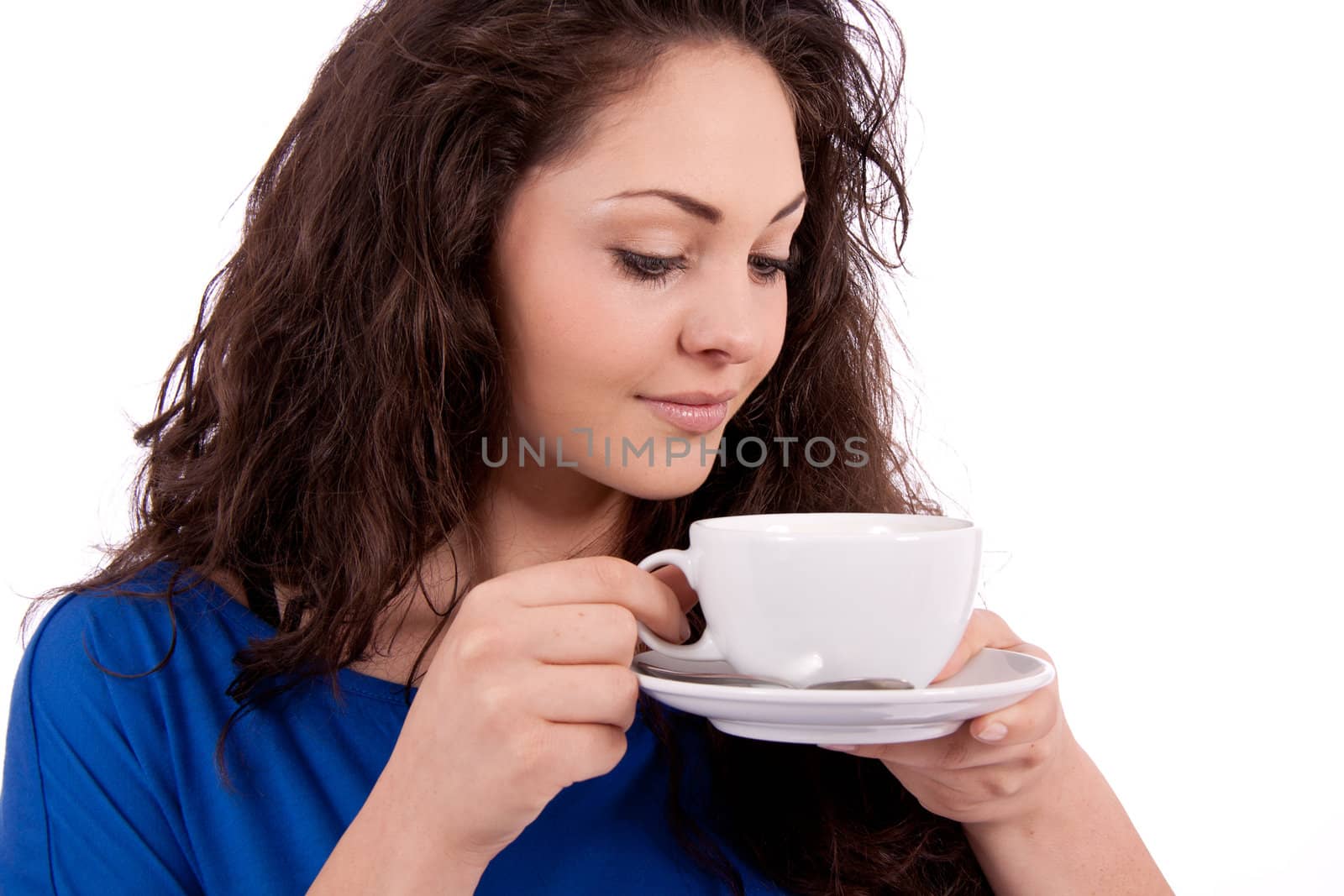 beautiful young woman with cup of coffee isolated on white