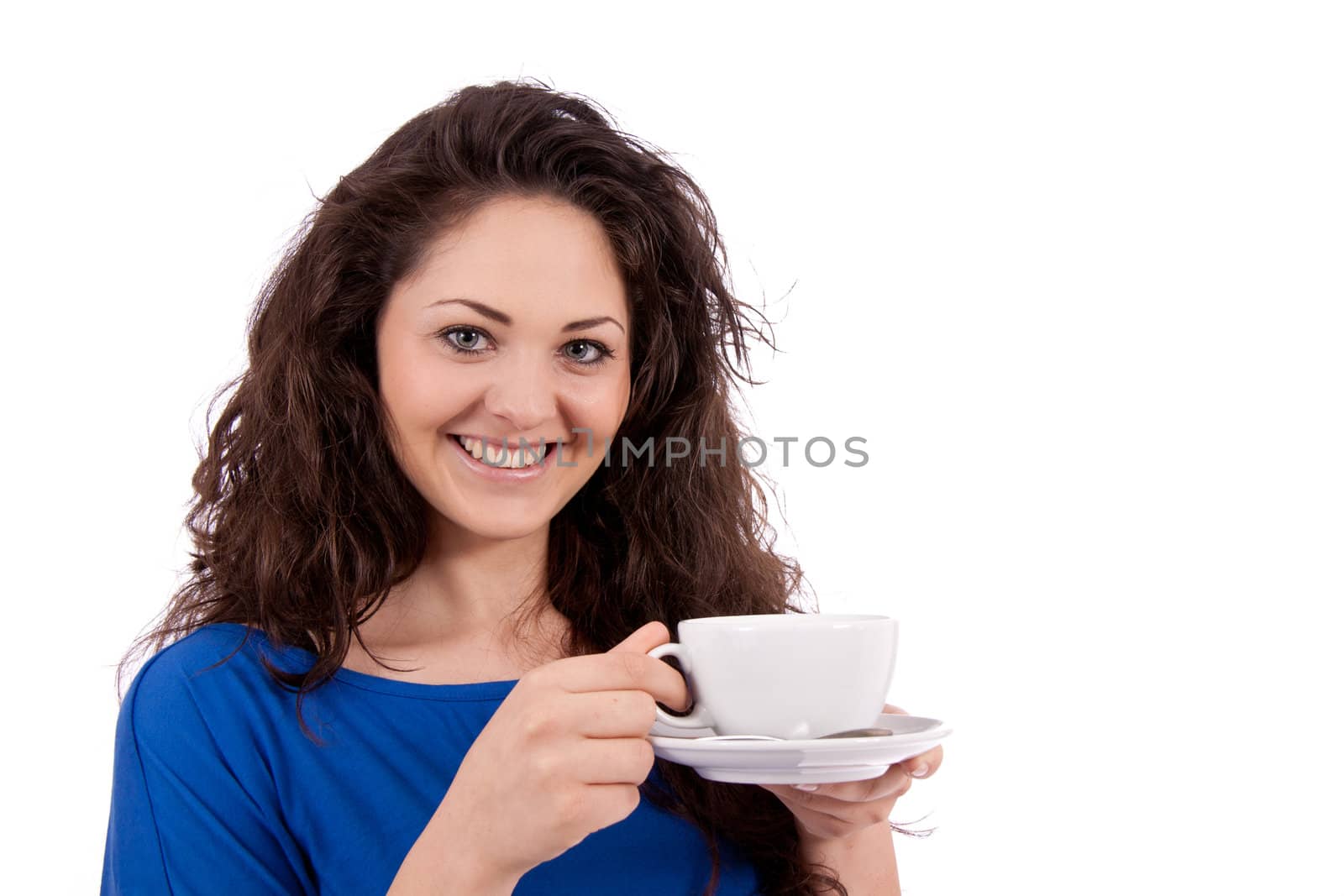 beautiful young woman with cup of coffee isolated on white