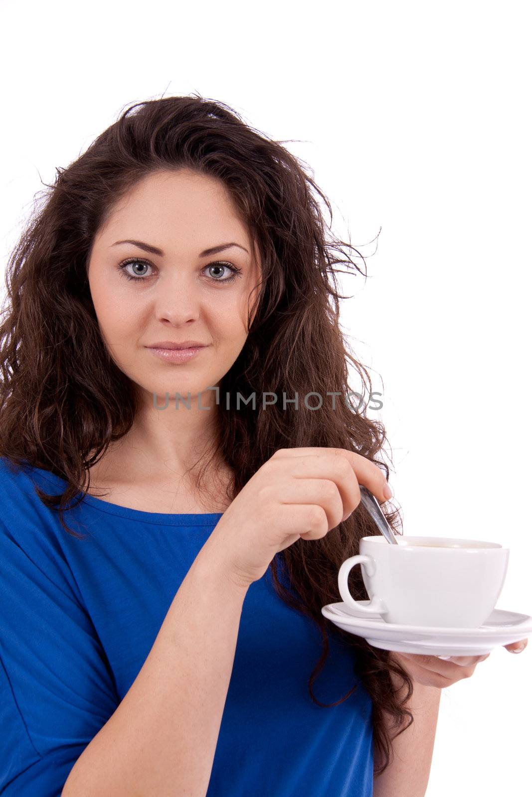 beautiful young woman with cup of coffee isolated on white