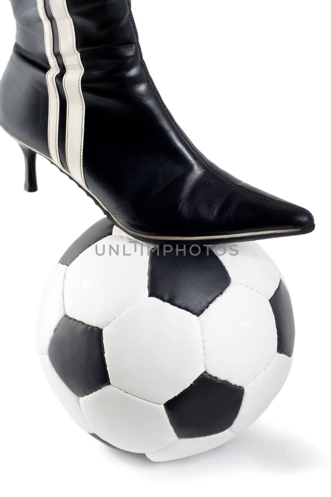 Boots on ball soccer close-up , isolated on white background