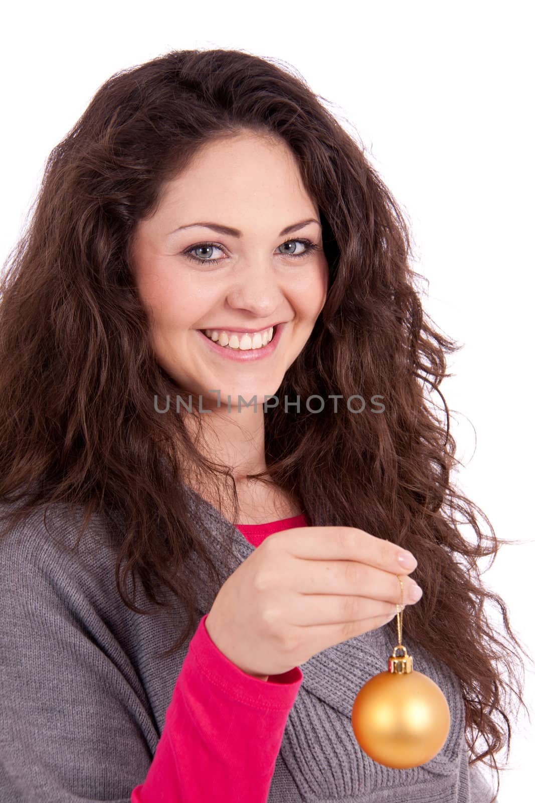 beautiful brunette smiling woman with christmas decoration in winter isolated on white
