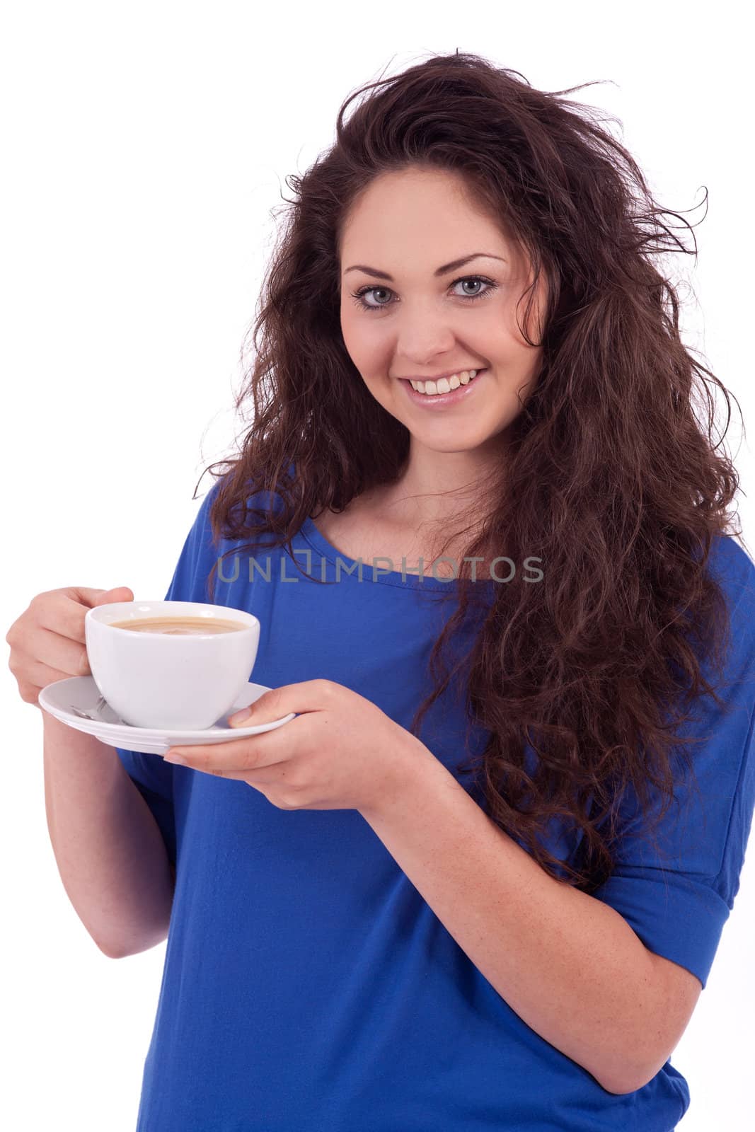 beautiful young woman with cup of coffee isolated on white