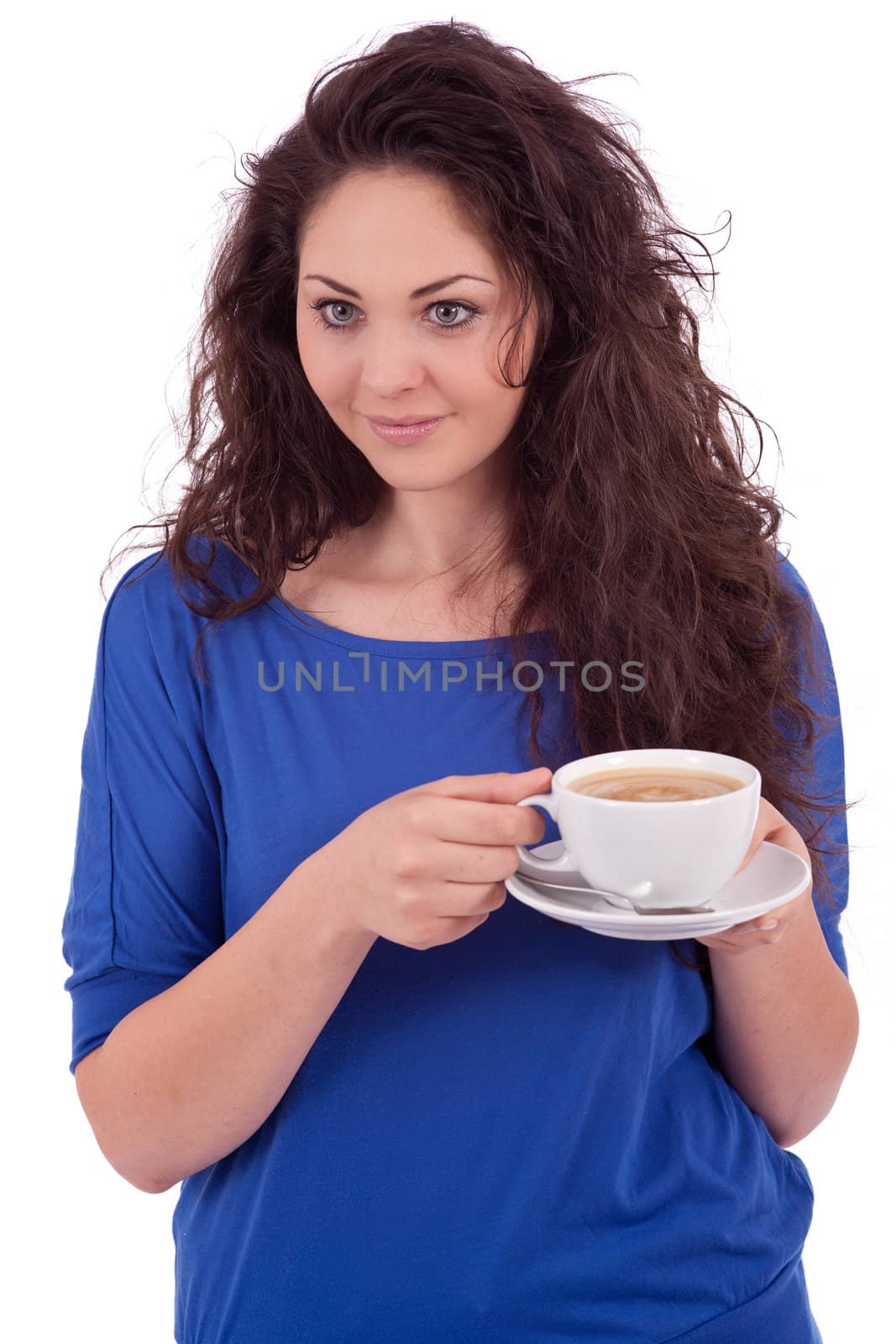 beautiful young woman with cup of coffee isolated on white