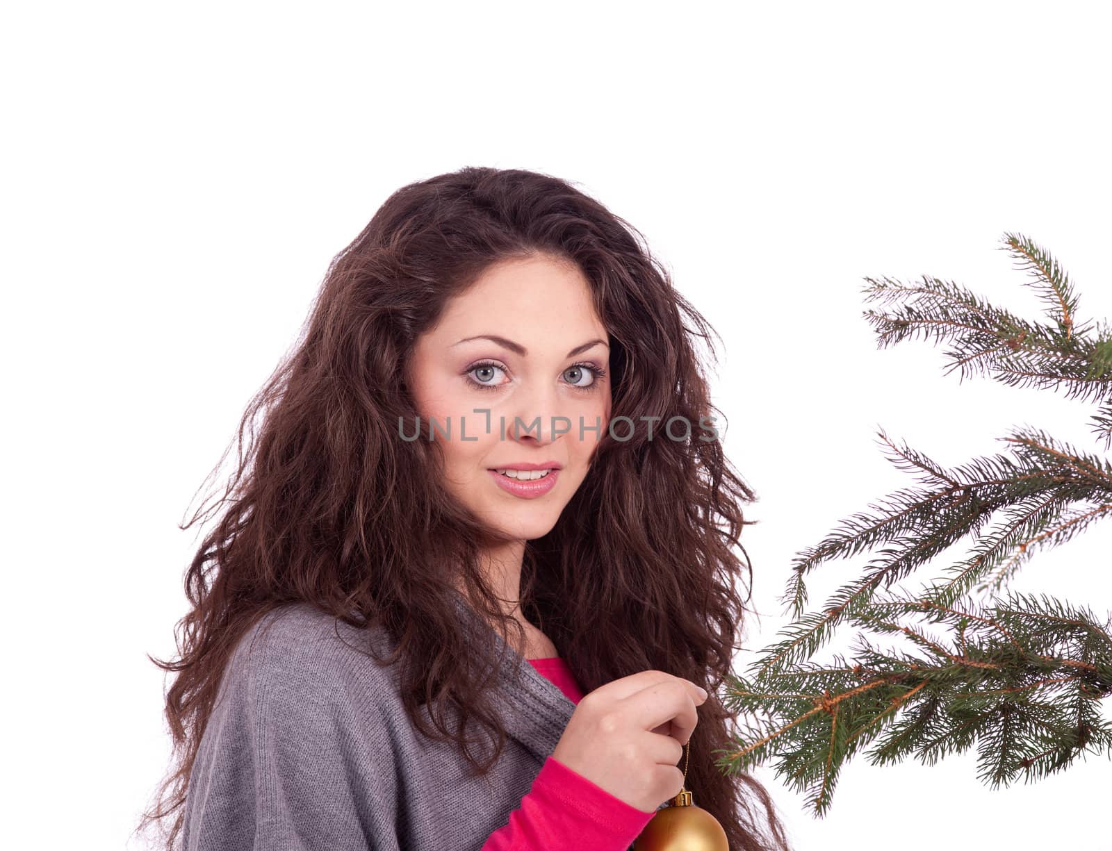 beautiful brunette woman is decorating a christmas tree  by juniart