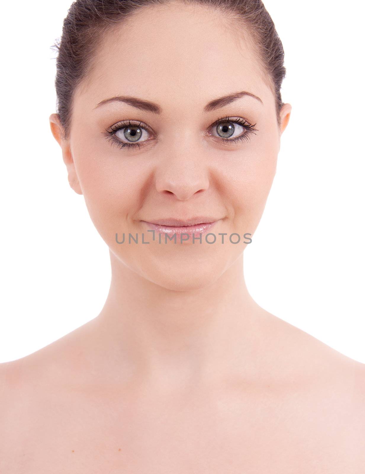 beautiful young smiling woman with healthy skin isolated on white background