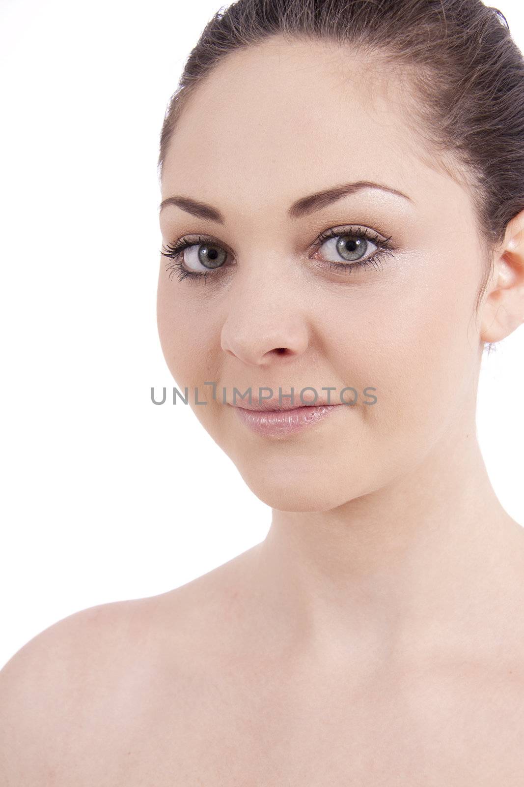 beautiful young smiling woman with healthy skin isolated on white background