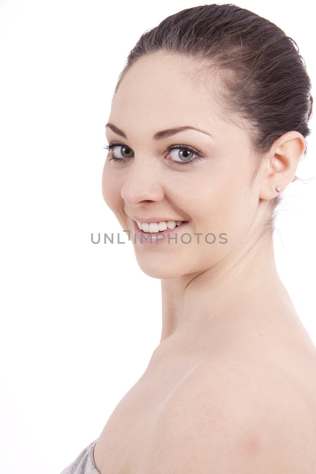 beautiful young smiling woman with healthy skin isolated on white background
