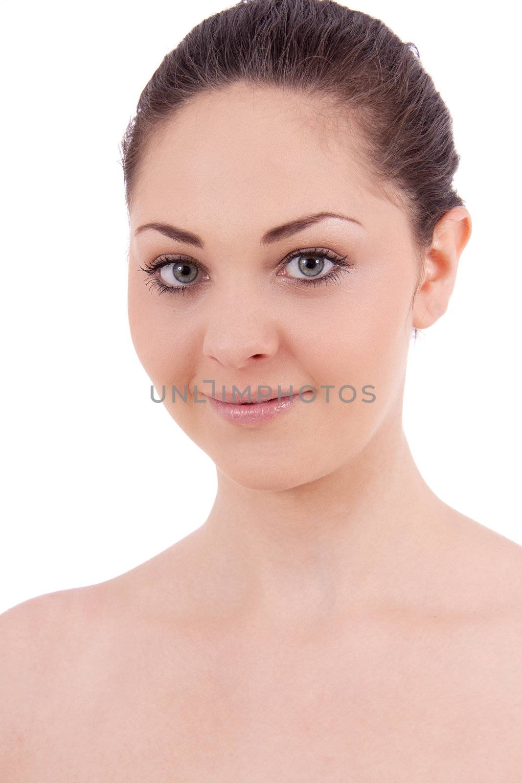beautiful young smiling woman with healthy skin isolated on white background