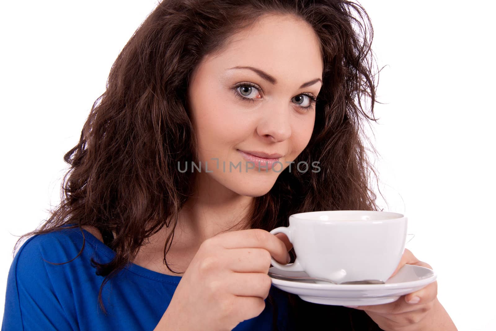 beautiful young woman with cup of coffee isolated on white