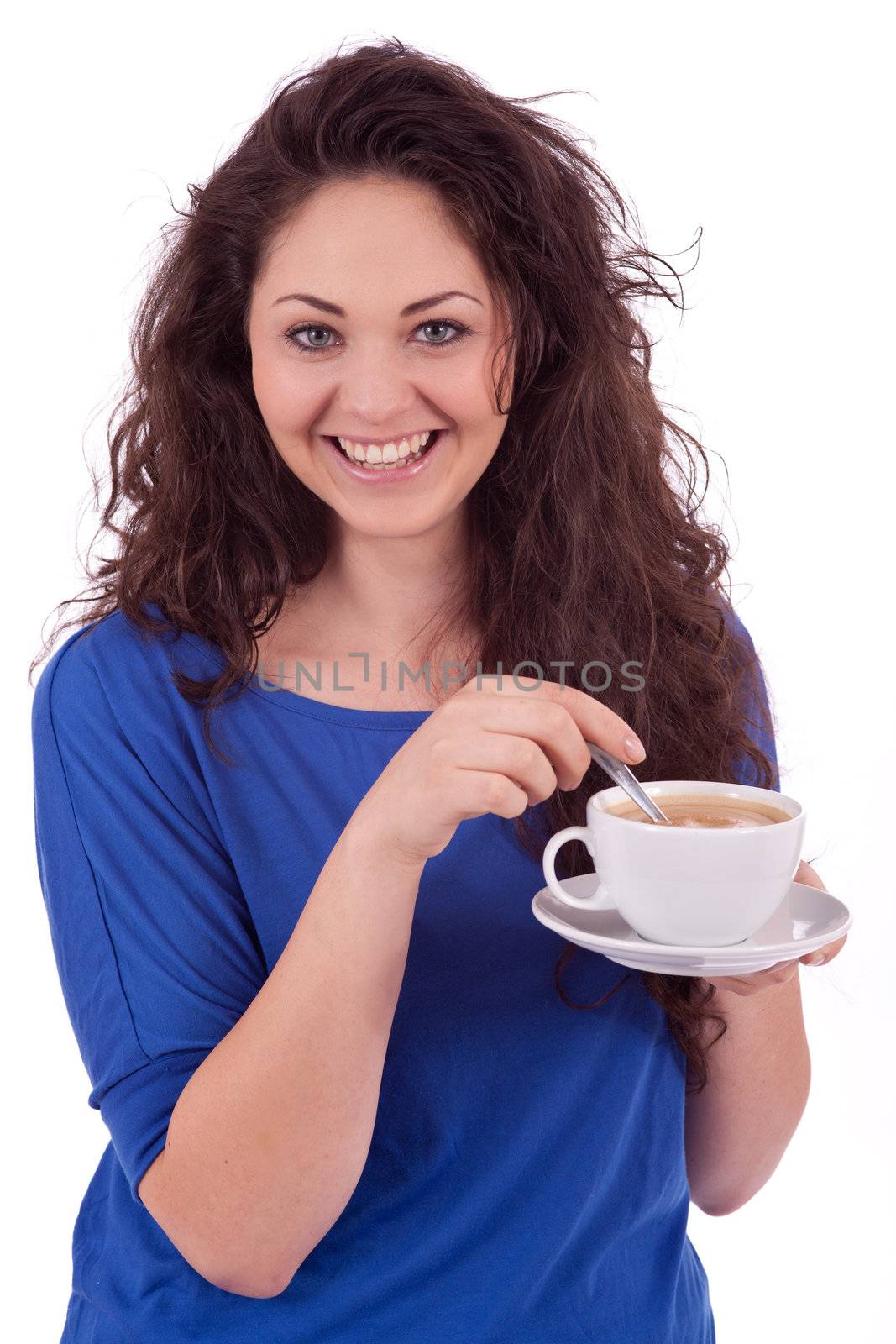 beautiful young woman with cup of coffee isolated on white