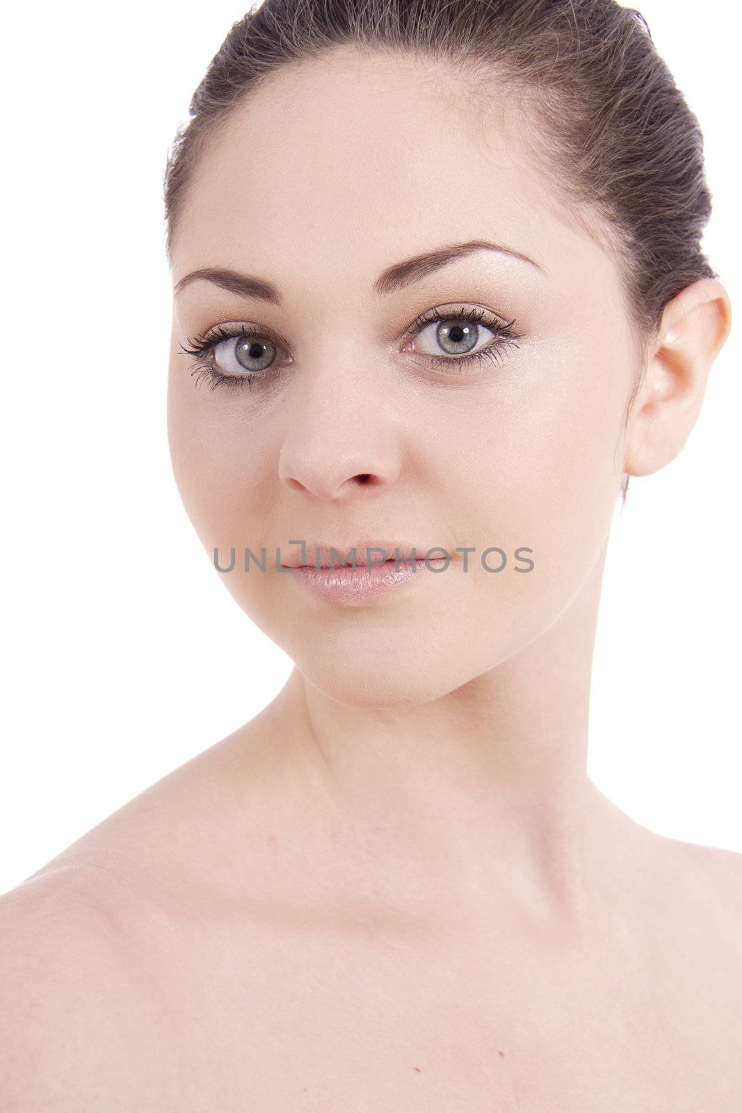 beautiful young smiling woman with healthy skin isolated on white background