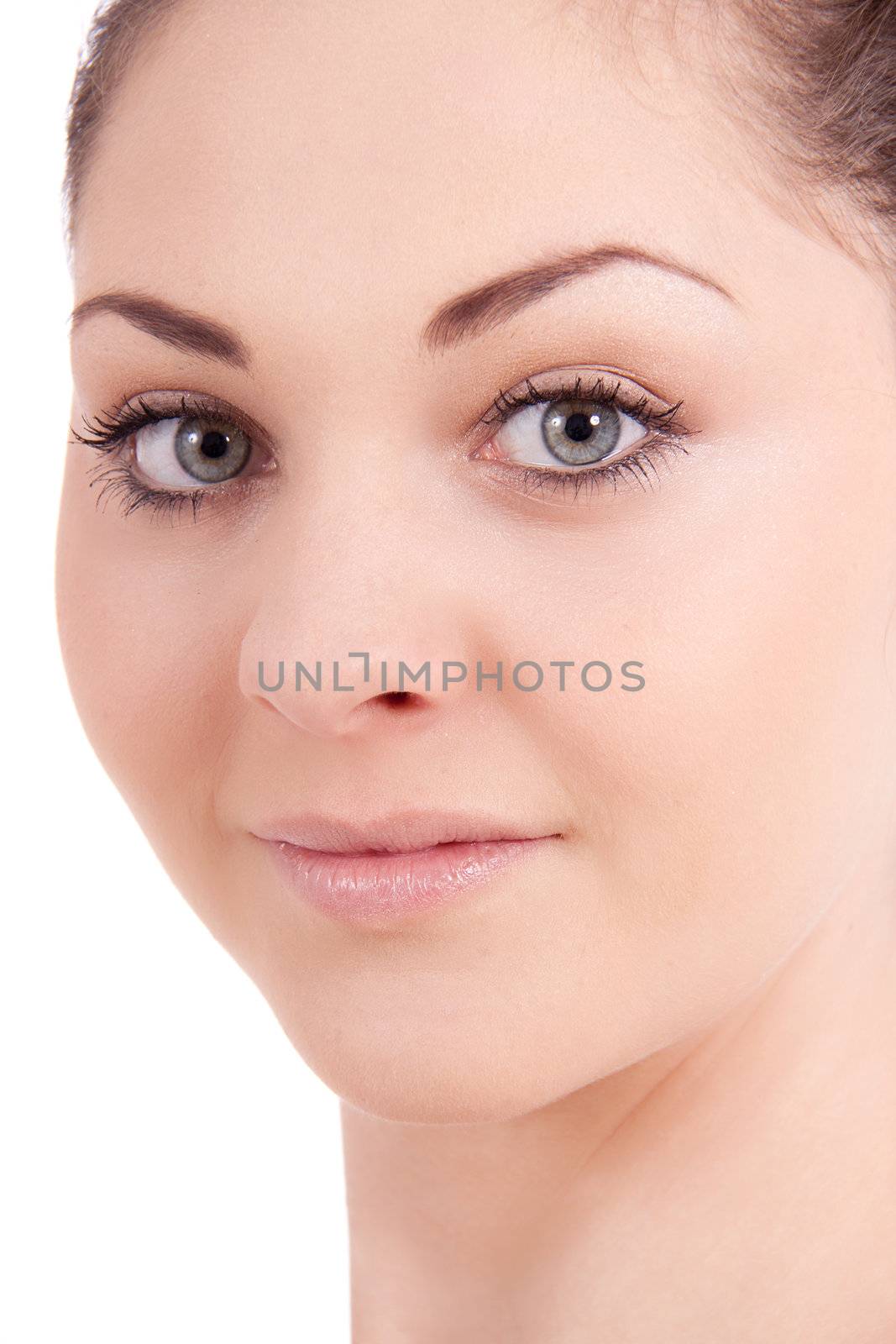 beautiful young smiling woman with healthy skin isolated on white background