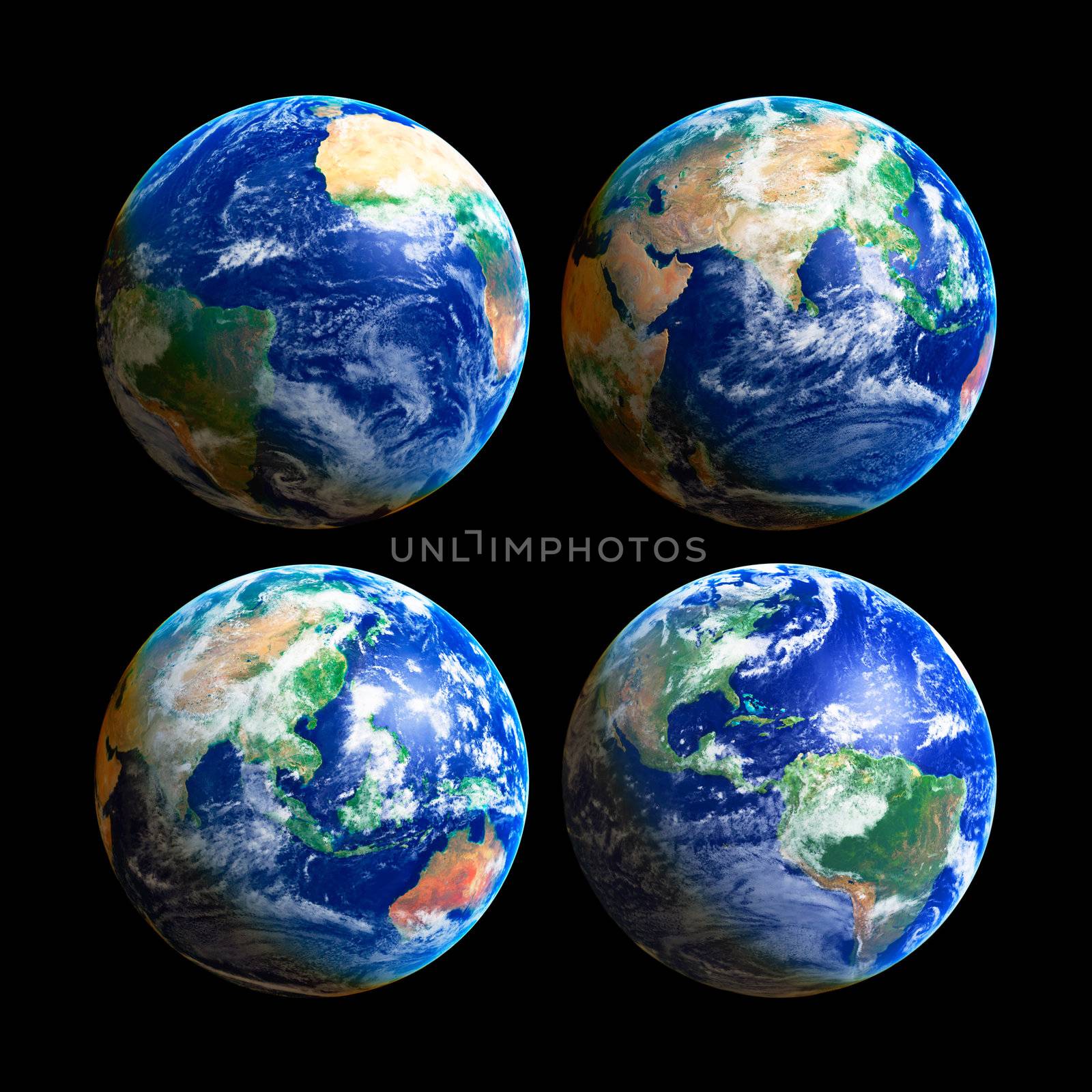Four Earth Globes with clouds, high res pictures