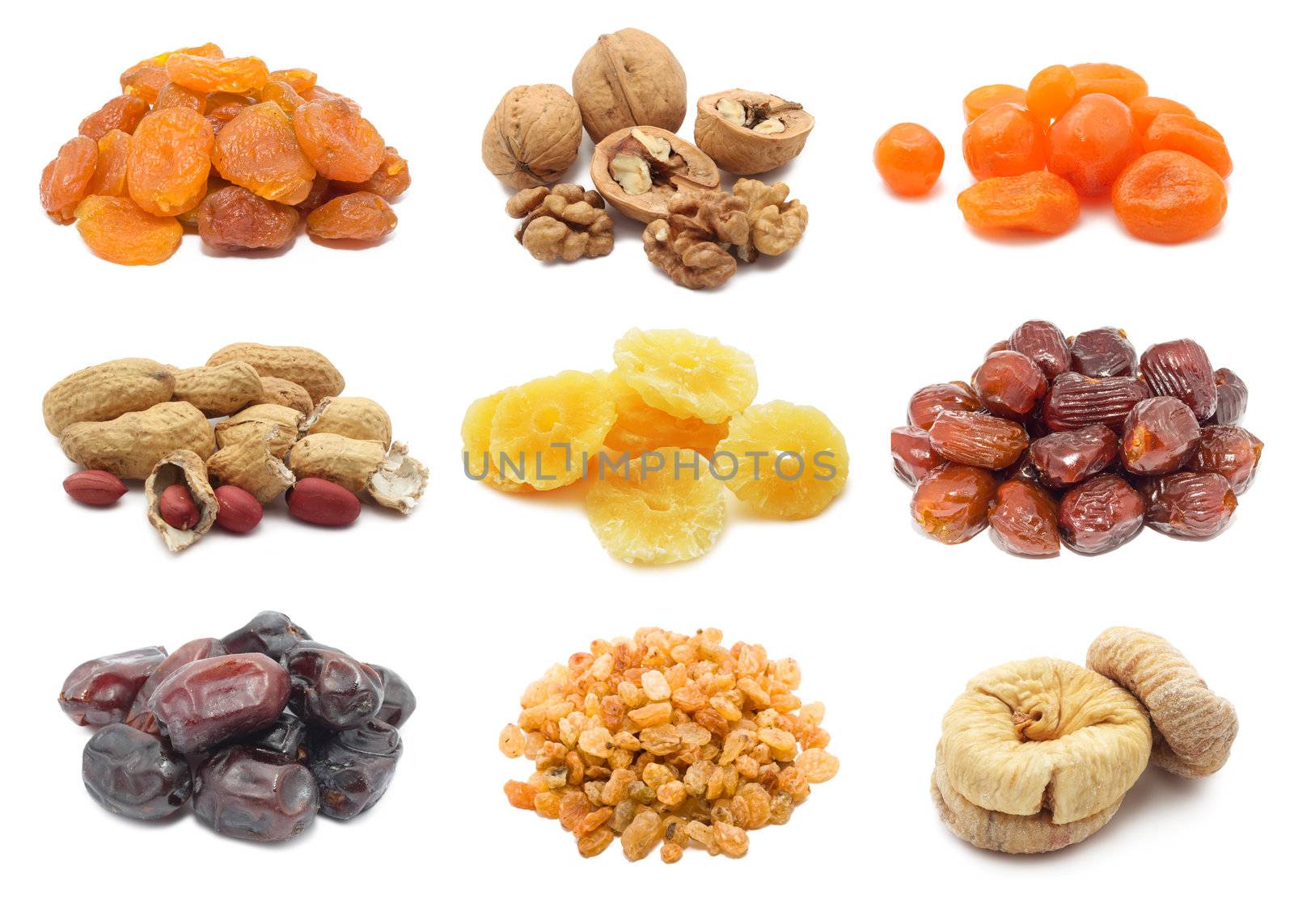 Collection of dried fruits and nuts isolated on white