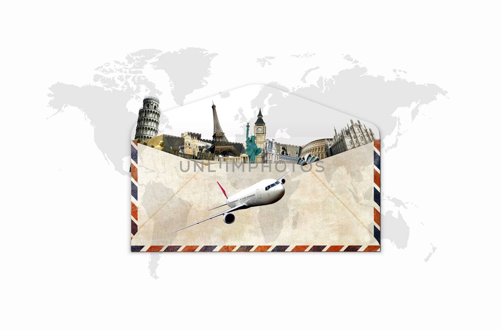 Travel around the world: illustration with monuments and landmarks