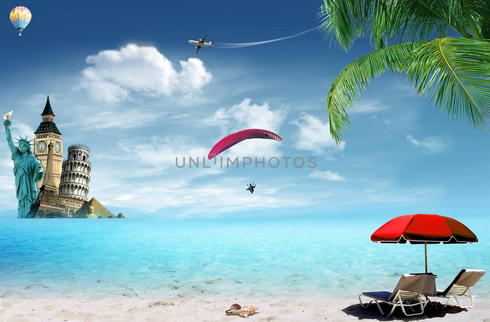 Travel around the world: illustration with monuments, landmarks and tropical beach with sailing boat
