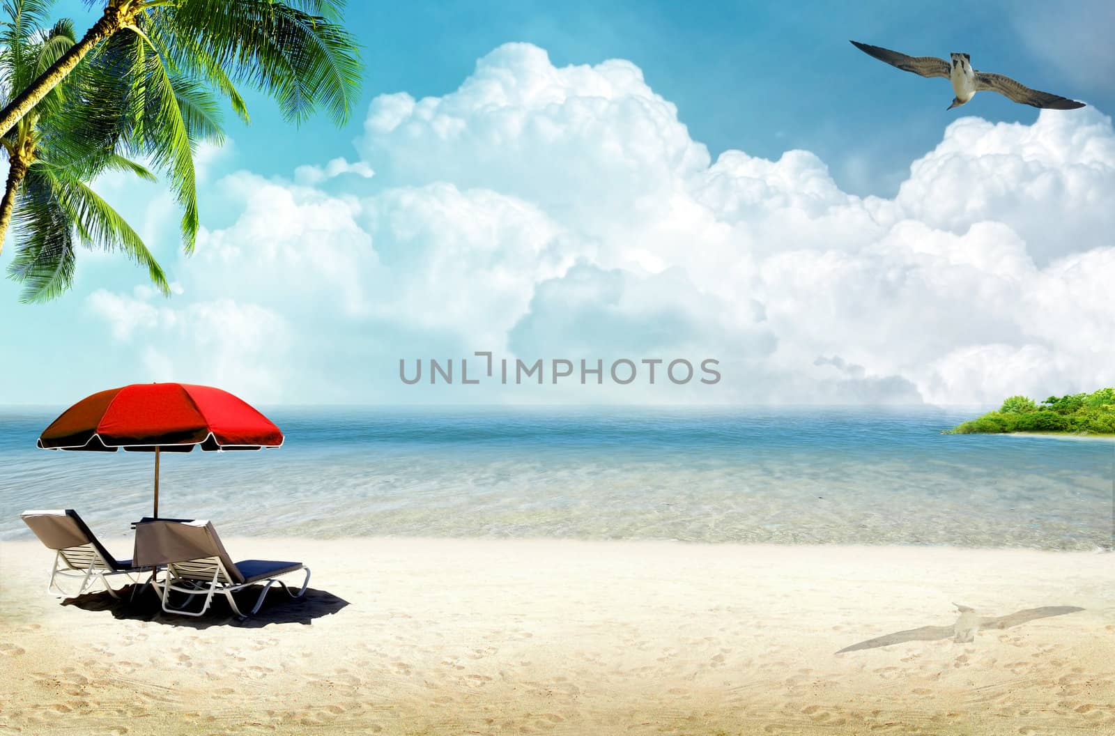 Tropical island: ocean sea and tropical beach with palm, beach umbrella and deck chair
