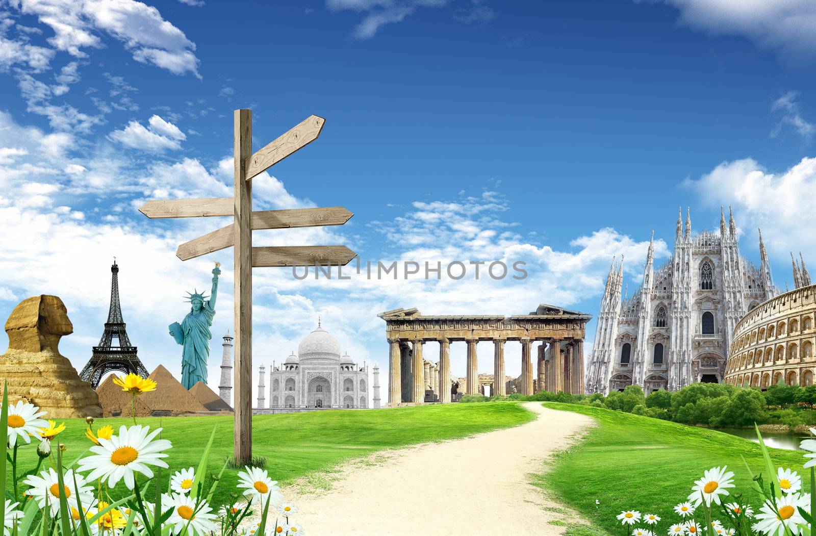World landmarks with direction panel in he grassland with country road and blue sky and clouds in the background