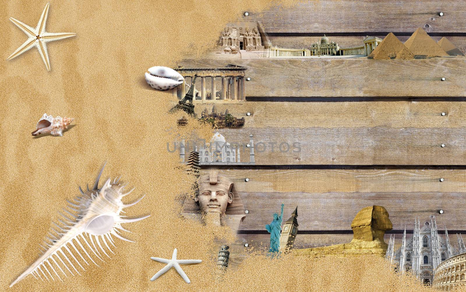 World landmarks with beach sand and shells